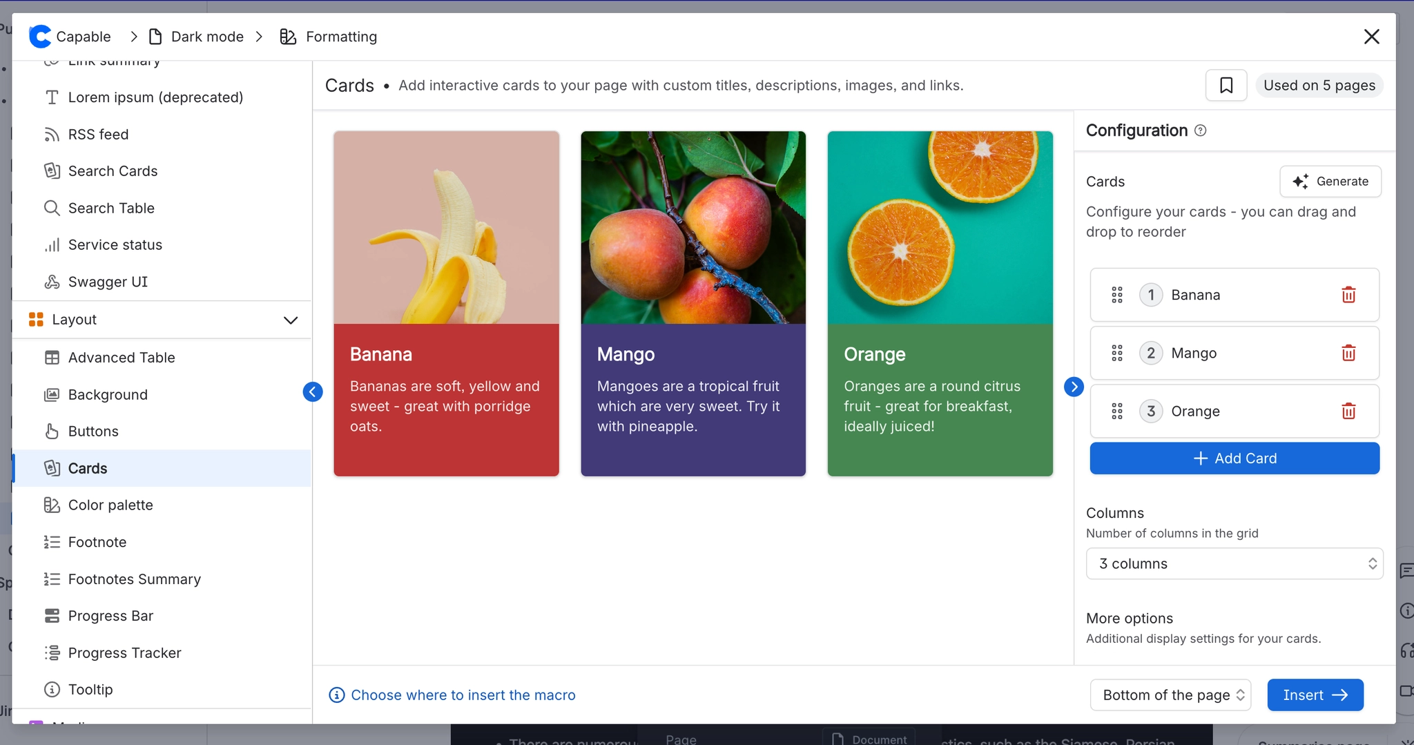 The Capable macro picker with a category list on the left including Layout, Cards and Footnote, a preview of three fruit cards in the middle, and card configuration and column settings on the right.