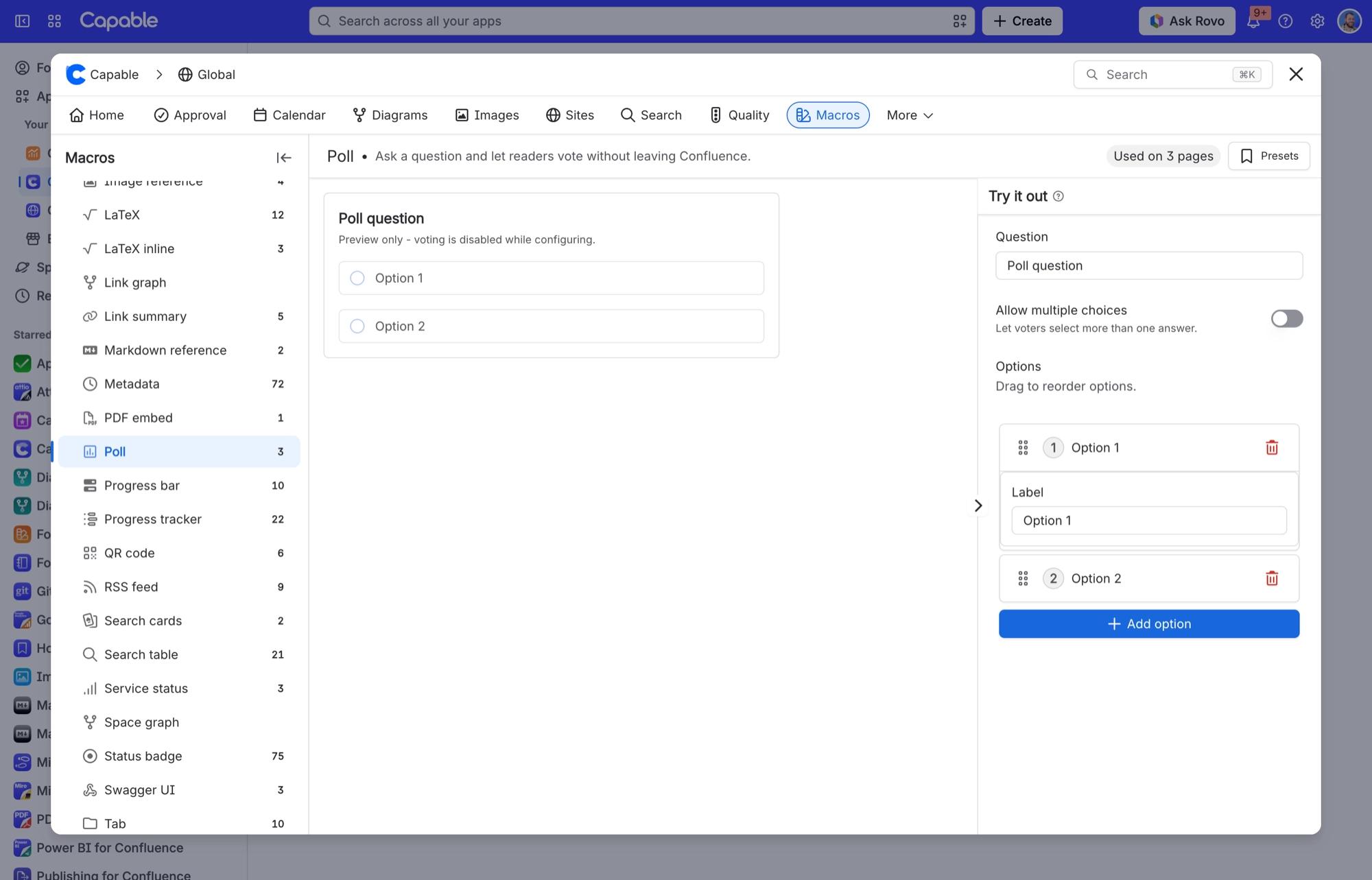 Poll macro in the Capable Macros tab, with a two option preview and the Try it out panel for question, multiple choices and options