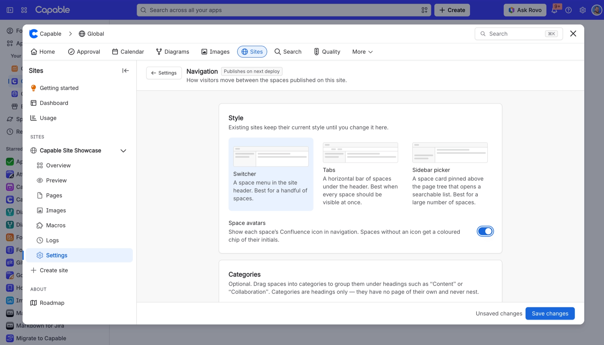 Navigation settings with the Switcher, Tabs and Sidebar picker styles, Switcher selected, and the Space avatars toggle on