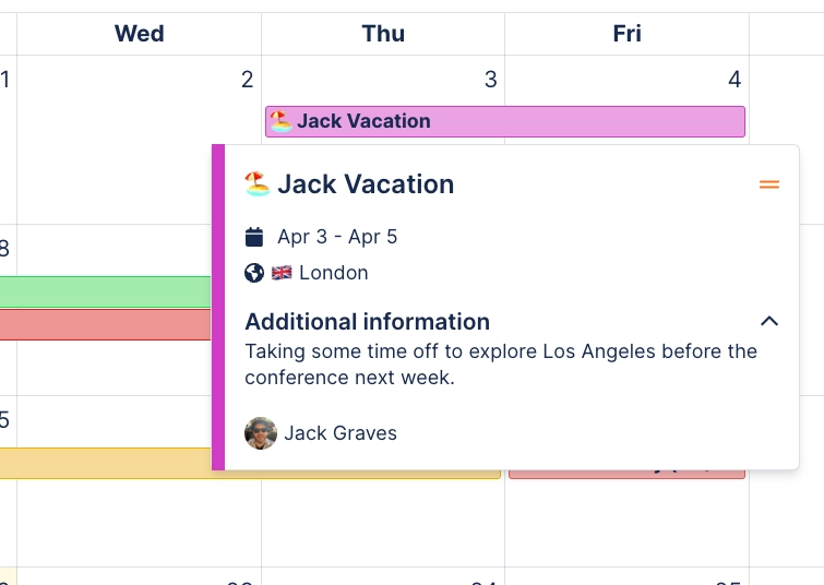 A calendar with an event bar labelled Jack Vacation and a hover card giving the dates, the London timezone, a description and one participant.