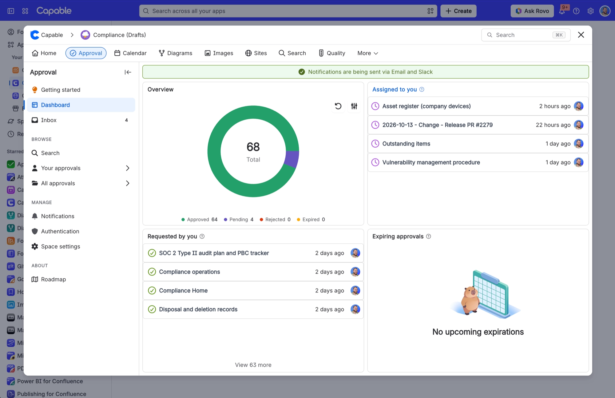 Approval dashboard with a green banner saying notifications are being sent via Email and Slack, and Notifications under Manage