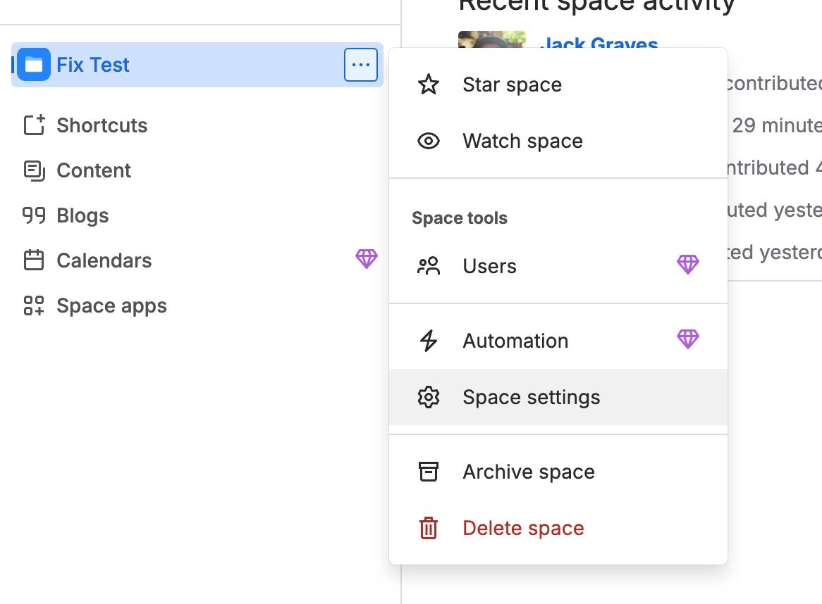 A Confluence space menu open in the sidebar, with Space settings highlighted under Space tools.