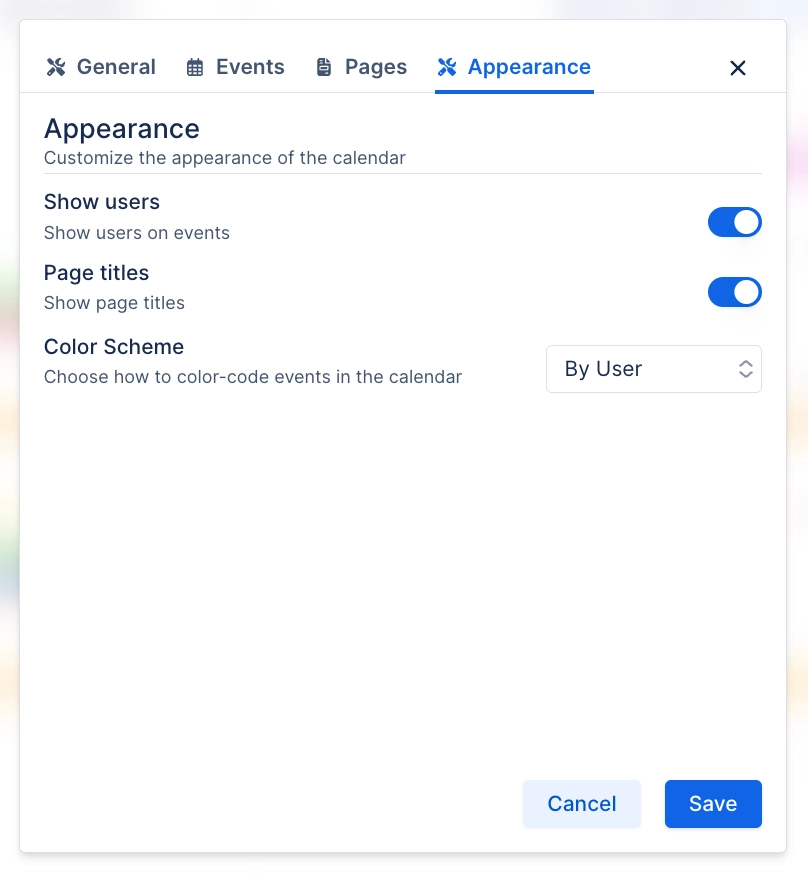 Appearance tab of the calendar configuration dialog, with toggles for Show users and Page titles and a Color Scheme set to By User.