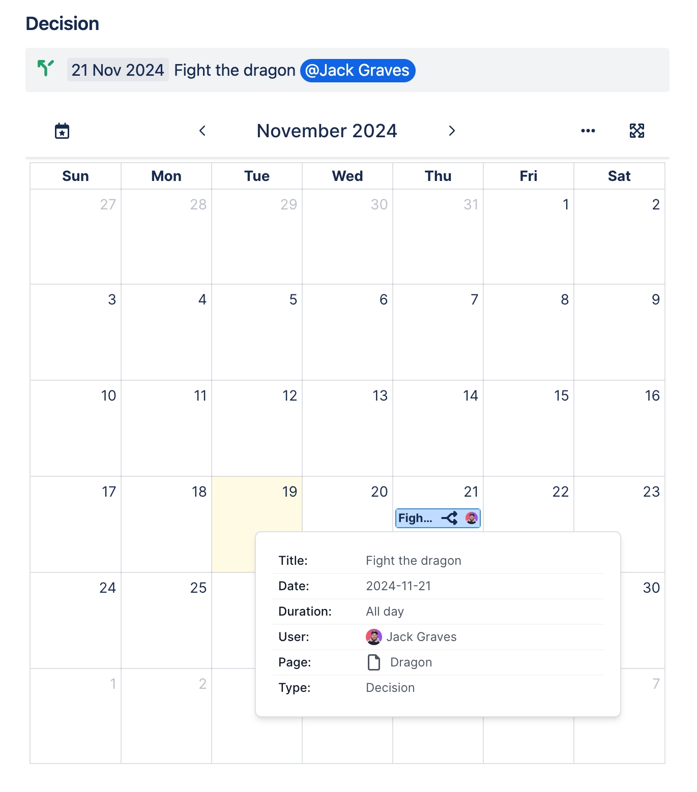 A month calendar with an event on 21 November and a hover card listing title, date, duration, user, page and type.