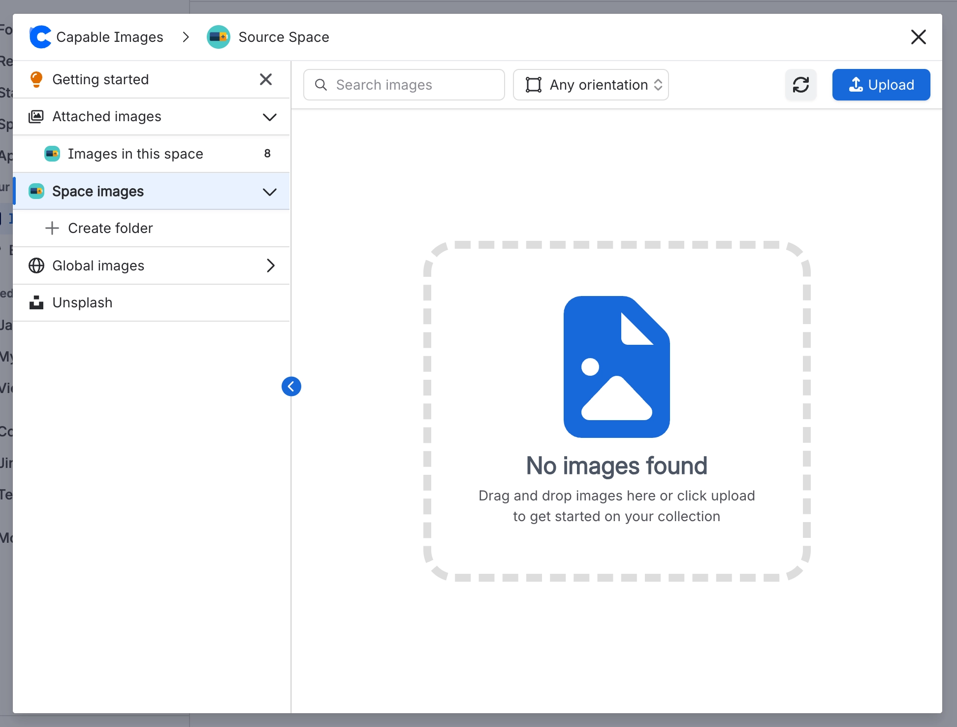 Capable Images dialog for a space showing an empty library with a dashed drop area reading No images found, and an Upload button above it.