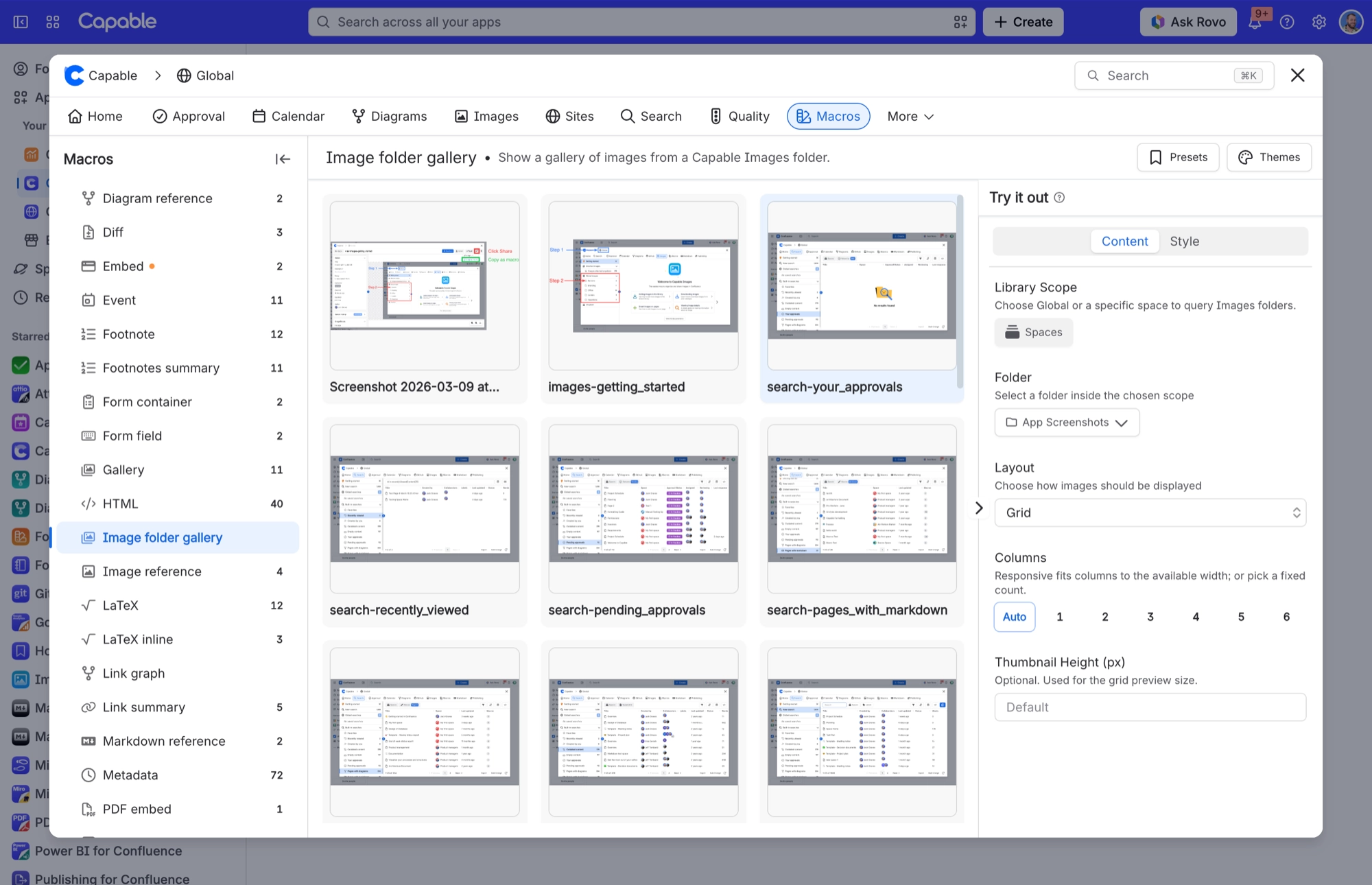 Capable Macros with Image folder gallery selected, a grid of folder thumbnails, and the Try it out Content tab showing Library Scope, Folder and Layout