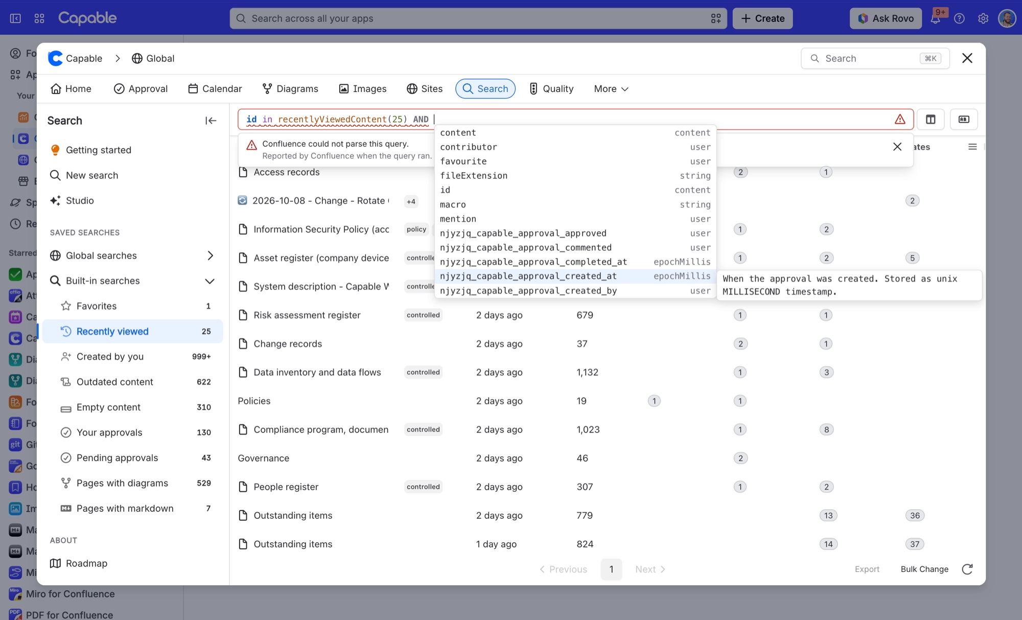 Capable Search query bar suggesting search fields with their types, including Capable approval fields, and a description of one field