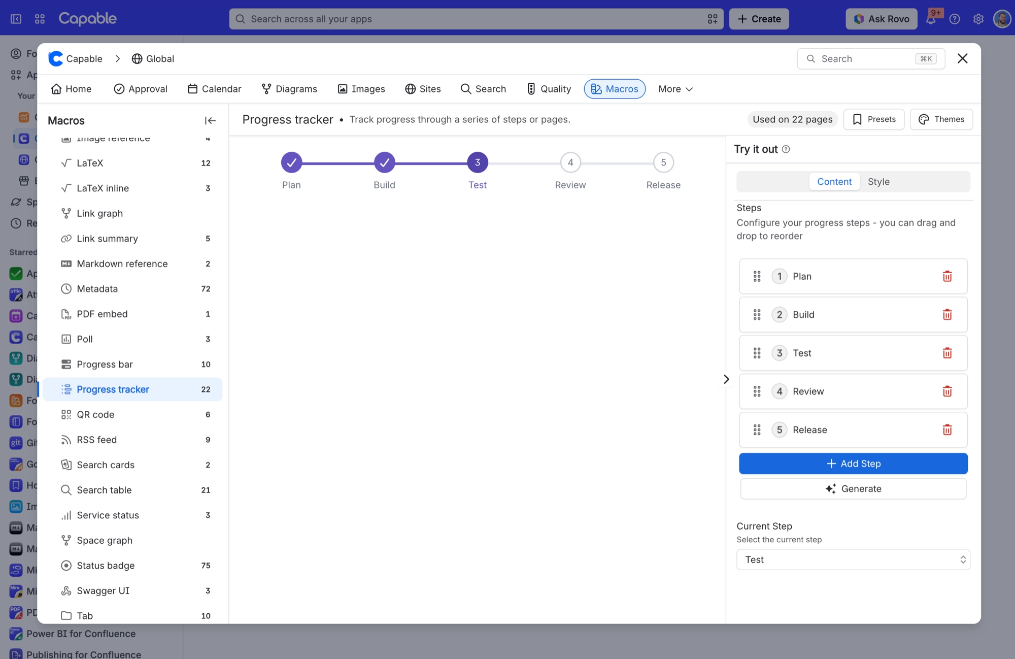 Progress tracker in the Macros tab with five steps and Test as the current step, beside the Try it out panel with Add Step and Generate