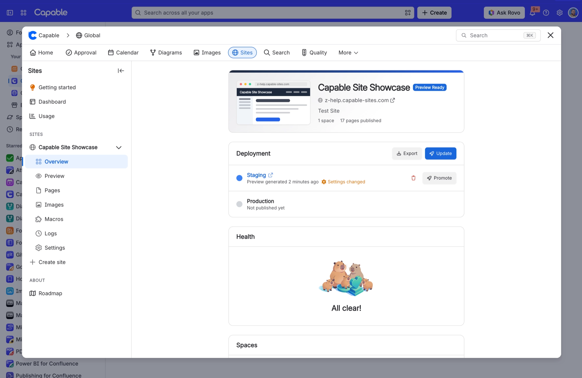 Site Overview with a Settings changed flag beside the Staging preview and a Promote button, and Production not published yet