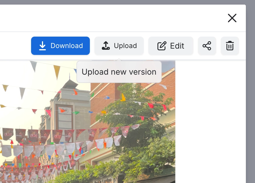 The toolbar on an image's detail page with Download, Upload, Edit, share and delete buttons, and a tooltip under Upload reading Upload new version, above a photograph of street bunting.