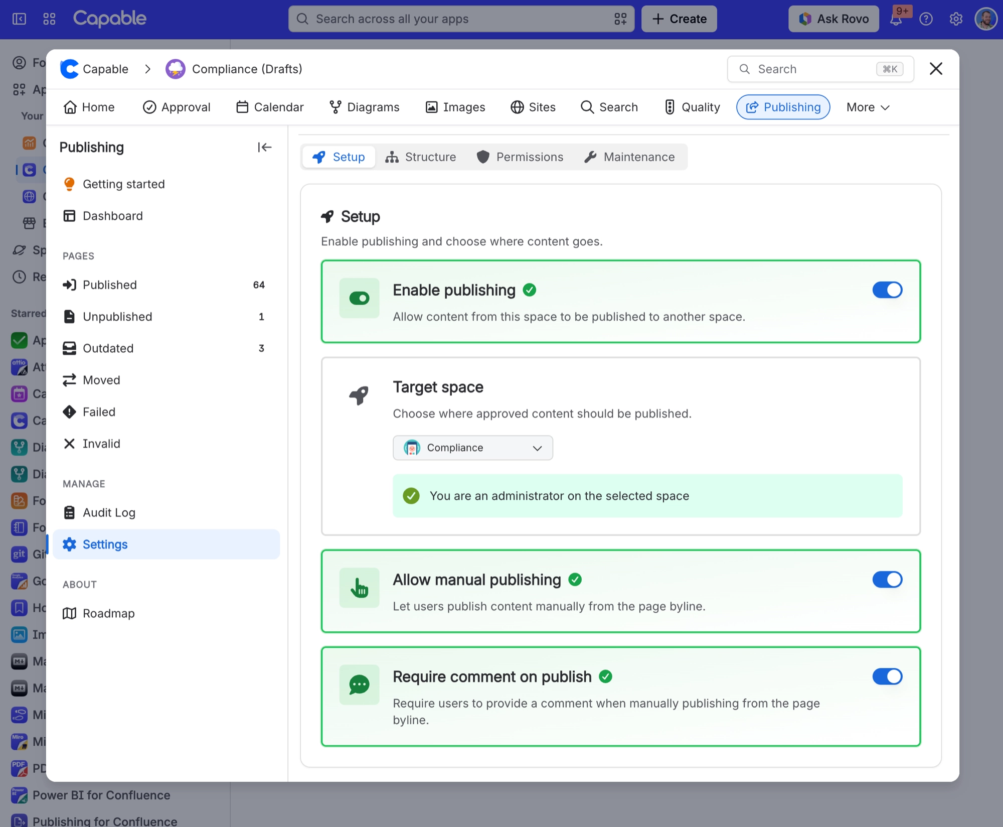 Publishing Space settings on the Setup tab with Enable publishing, Target space, Allow manual publishing and Require comment on publish options