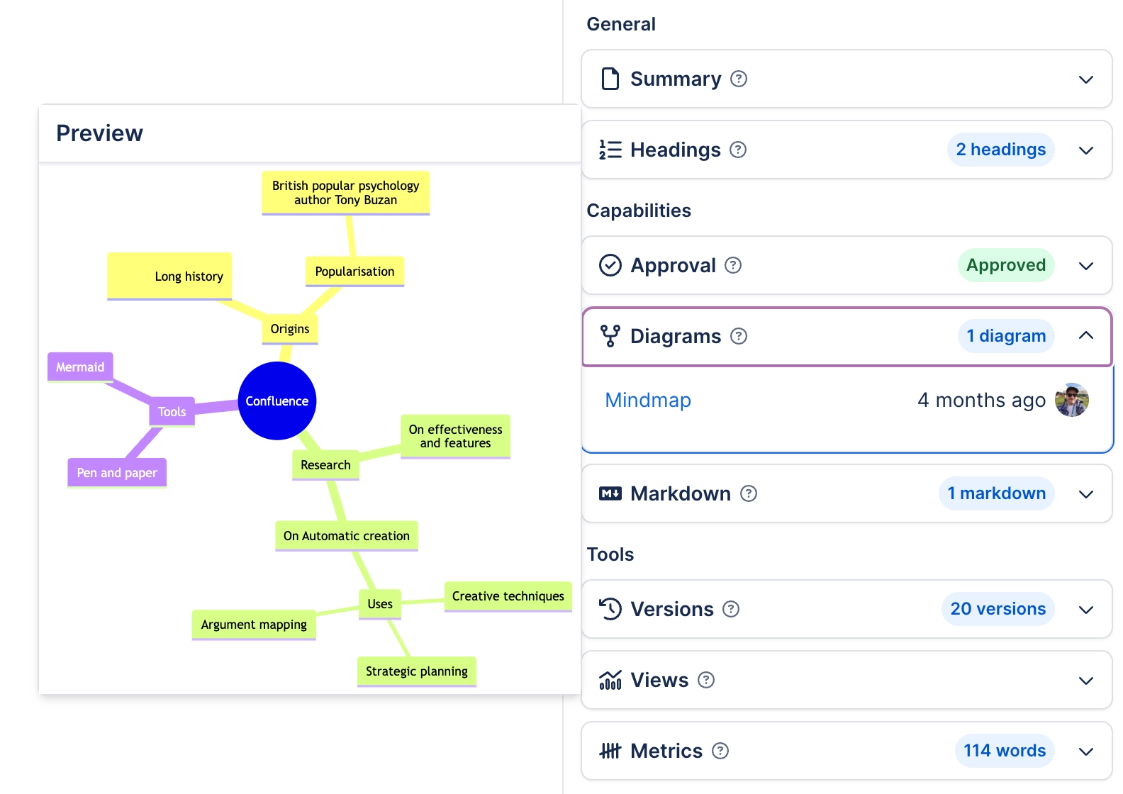 A search side panel with headings General, Capabilities and Tools; Summary and Headings sit under General, Approval, Diagrams and Markdown under Capabilities, and Versions, Views and Metrics under Too