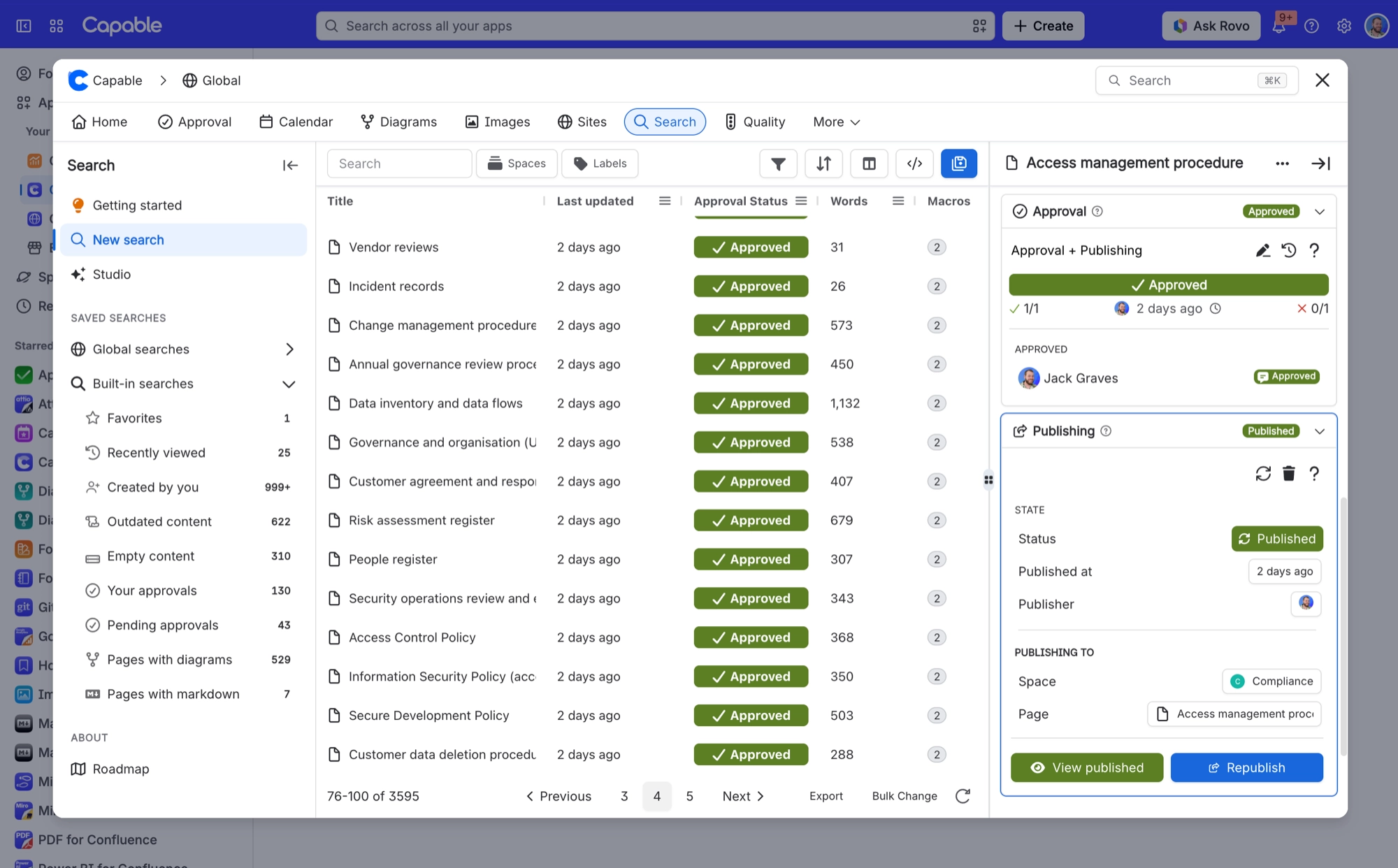 Search results with the page details panel open, showing an Approved approval with its approver, and the Publishing section below it