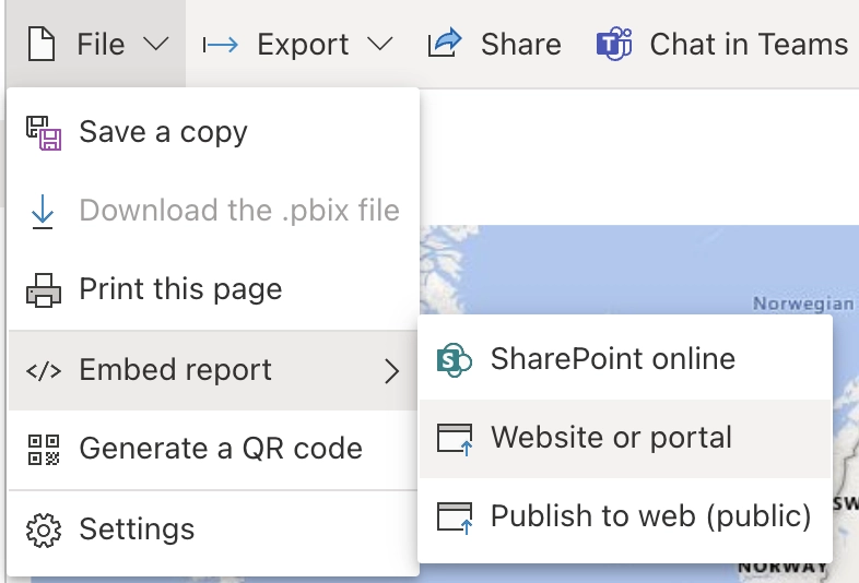Power BI File menu opened on Embed report, showing a submenu with SharePoint online, Website or portal, and Publish to web (public).