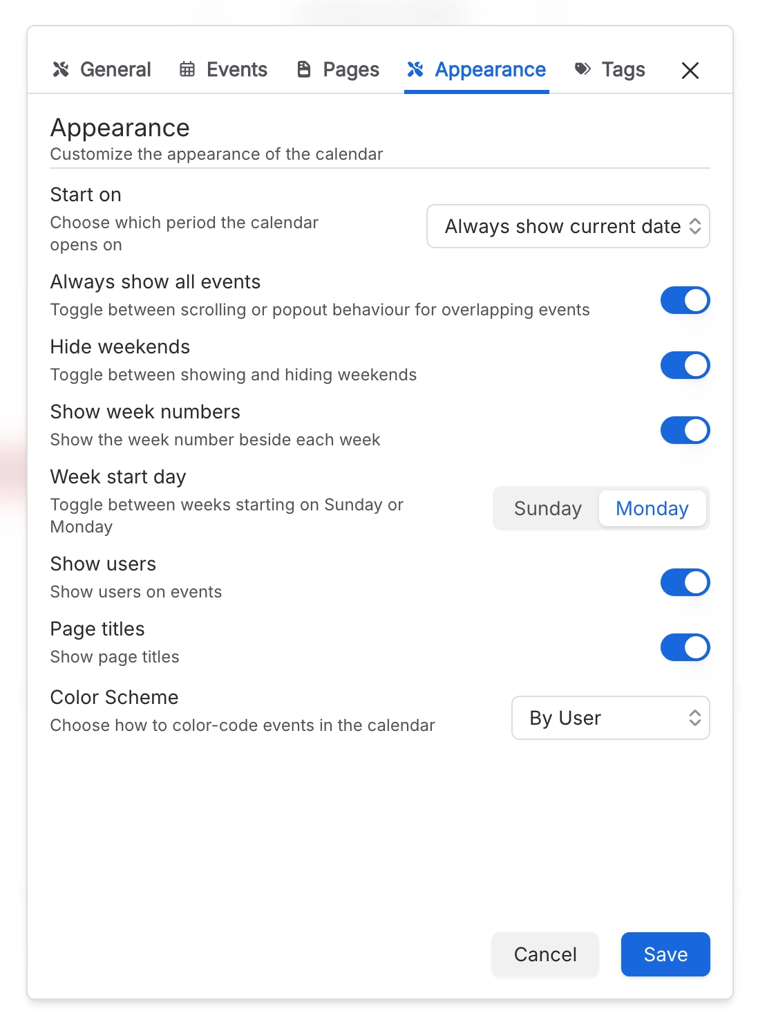Calendar settings dialog open on the Appearance tab, with tabs for General, Events, Pages, Appearance and Tags across the top