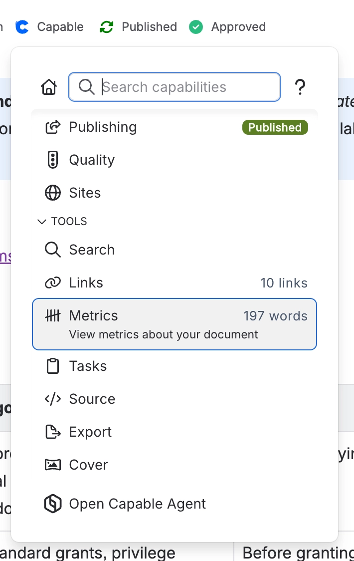 Capable byline menu open at the Tools section, showing Links with 10 links and Metrics with 197 words highlighted