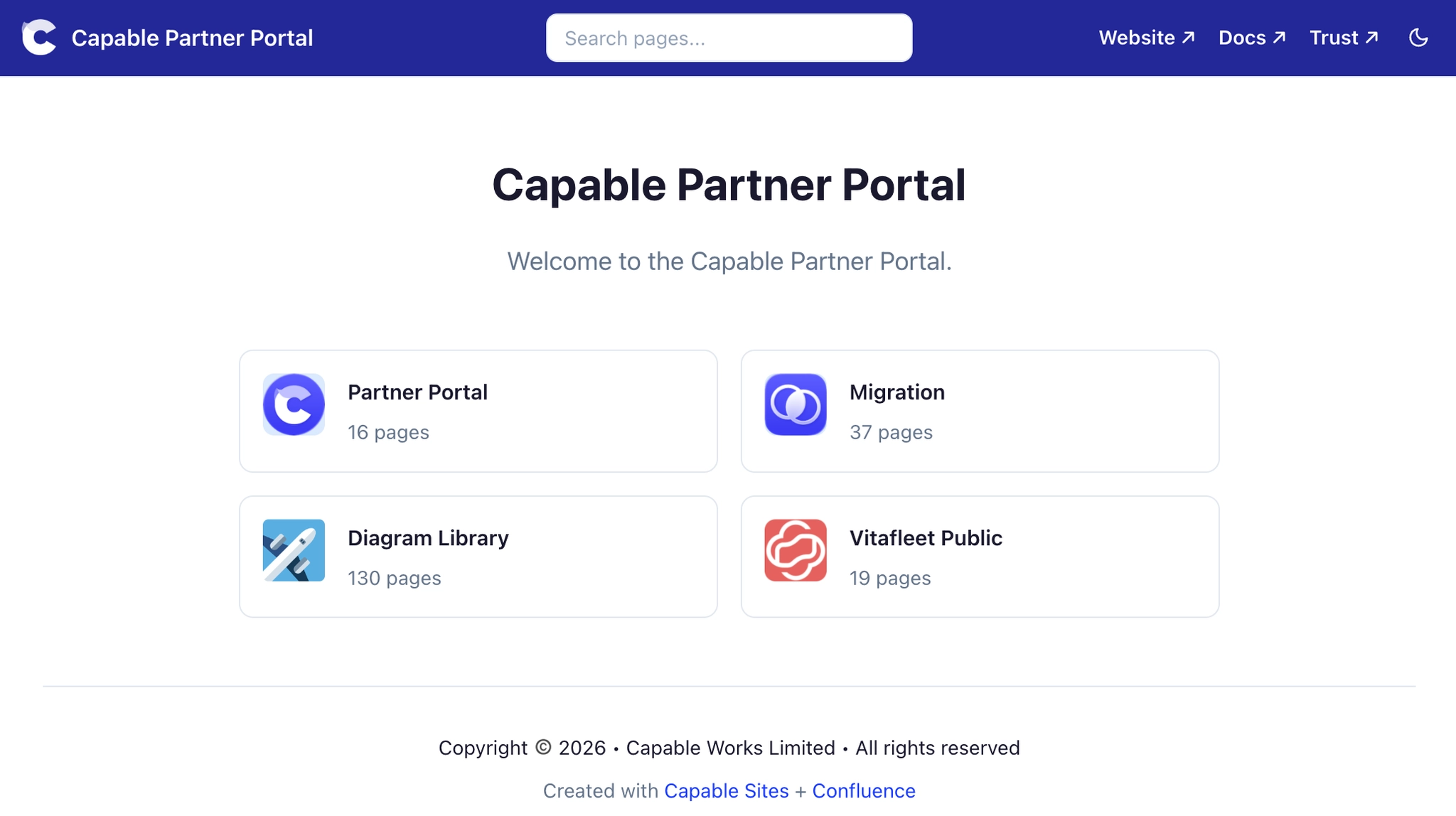 A published site homepage with a search box and four cards named Partner Portal, Migration, Diagram Library and Vitafleet Public, each with a page count.