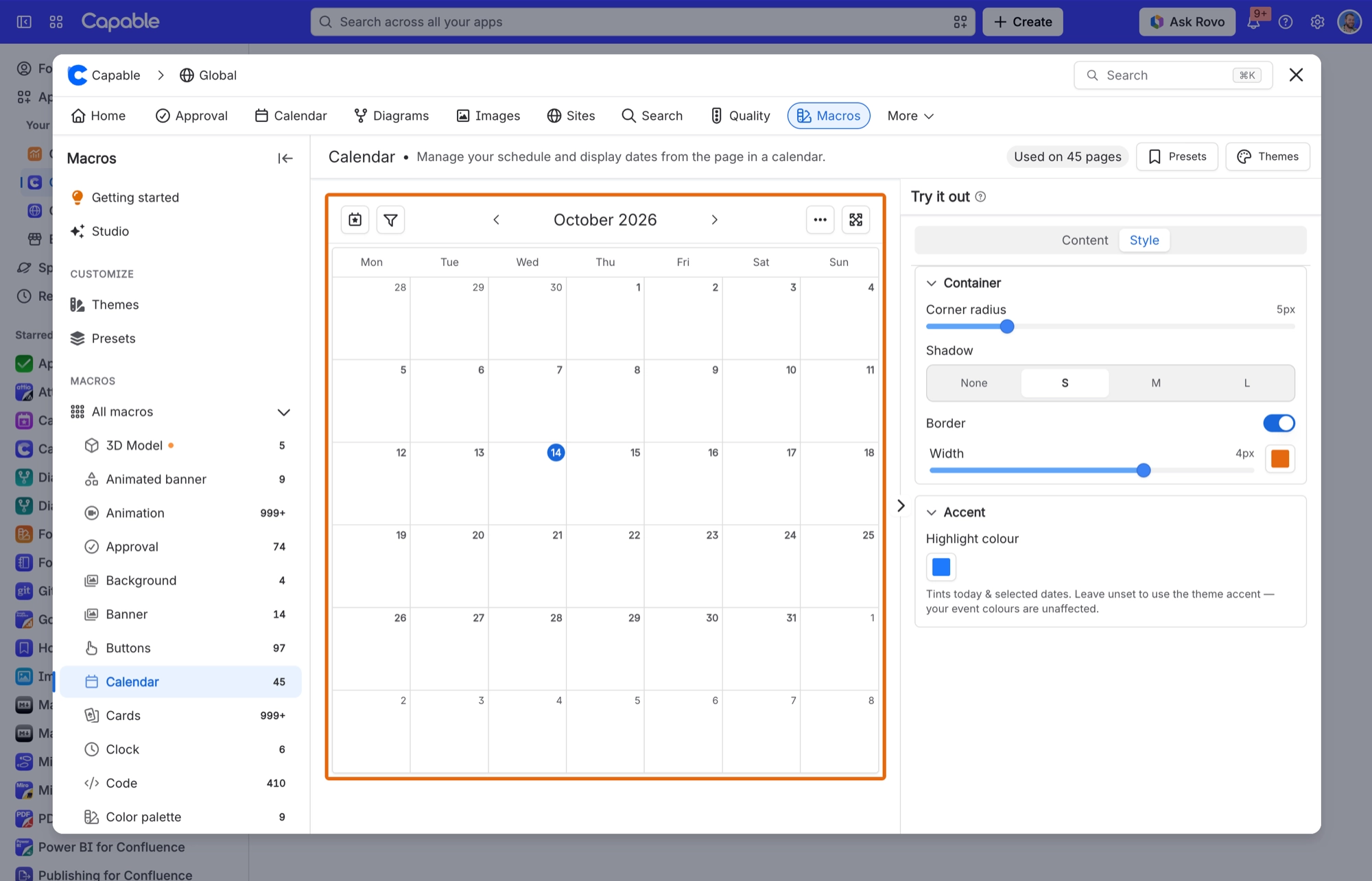 Calendar macro Style tab with Border on, a 4 px width, an orange border colour and a small shadow framing an October month grid
