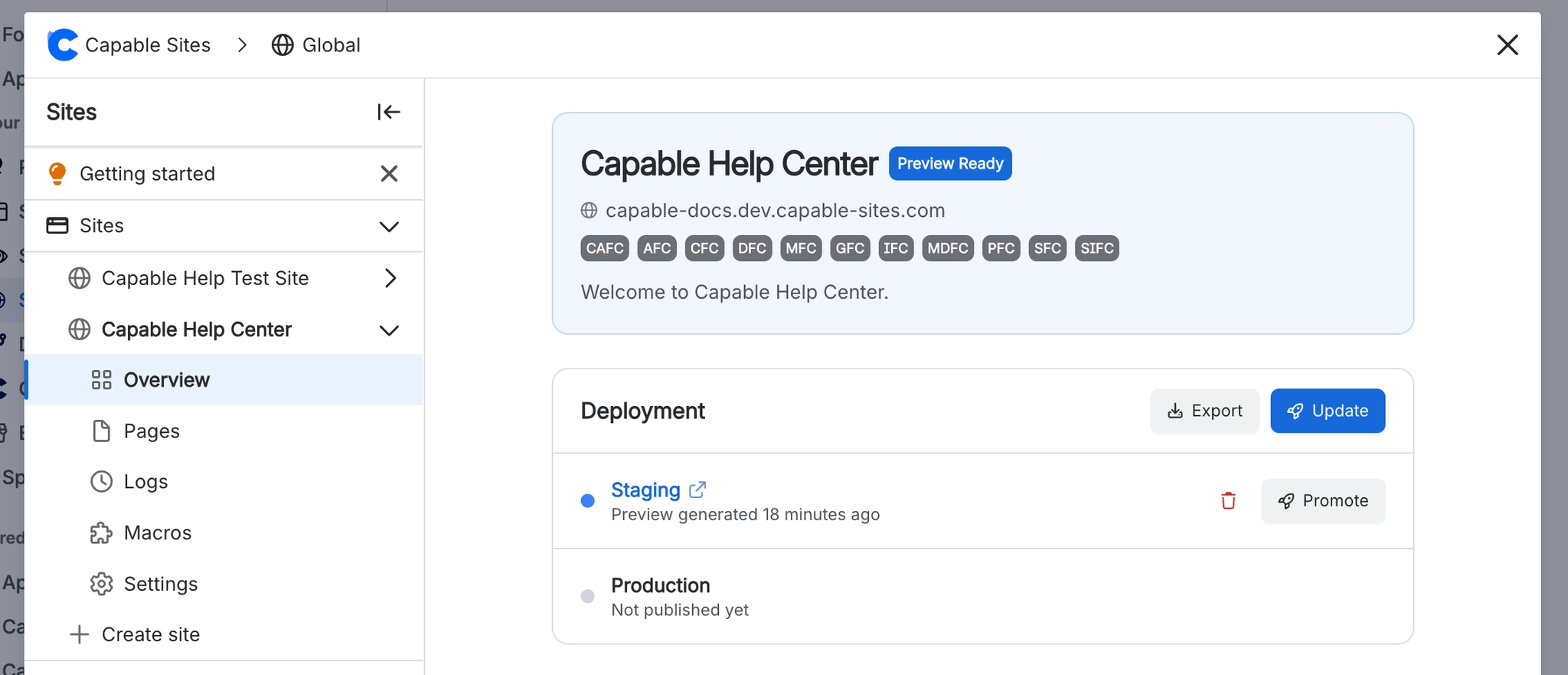 Site overview for Capable Help Center with a Preview Ready badge and a staging address, and a Deployment card showing a staging row with a Promote button and a production row reading Not published yet