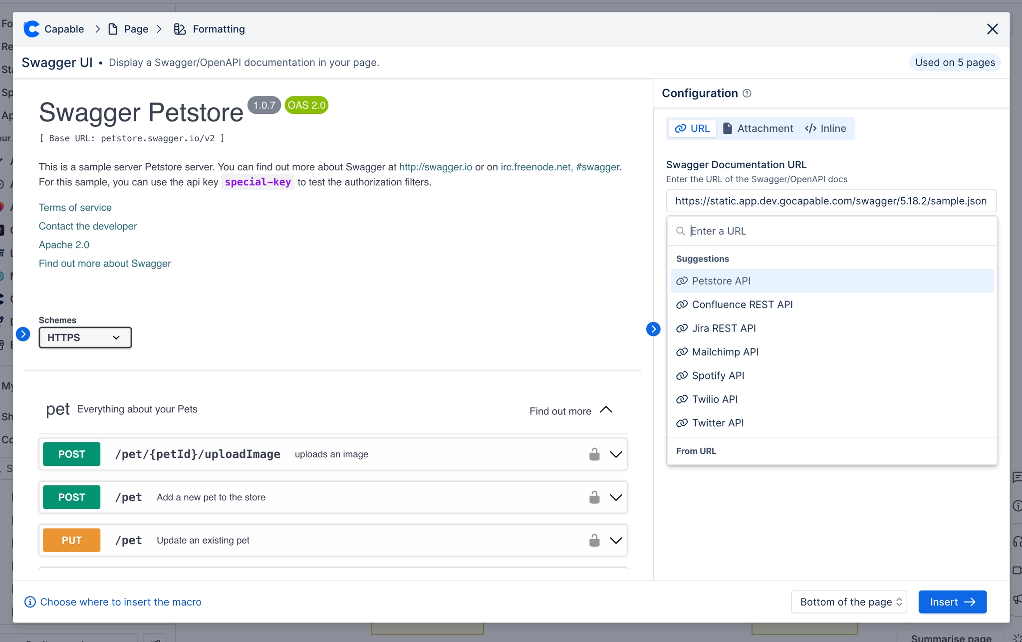 The Capable macro configuration dialog for Swagger UI, previewing the Swagger Petstore reference on the left, and on the right a URL, Attachment and Inline source switch above a documentation URL fiel