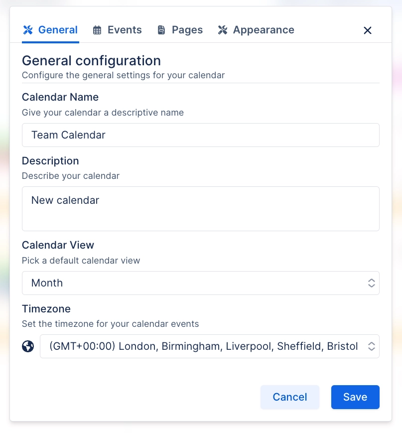 Confluence Calendar Settings