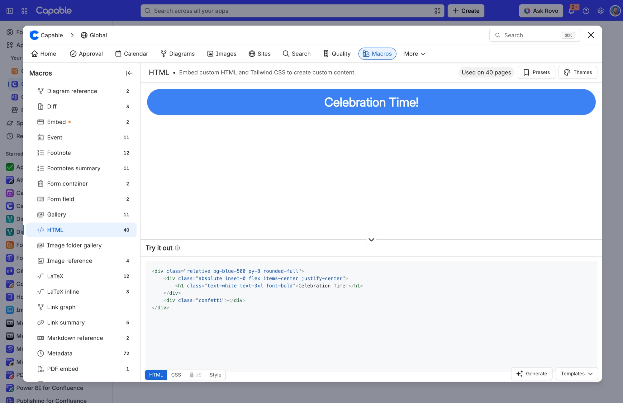 HTML macro preview showing a Celebration Time banner above the Try it out code editor, with HTML, CSS, locked JS and Style tabs