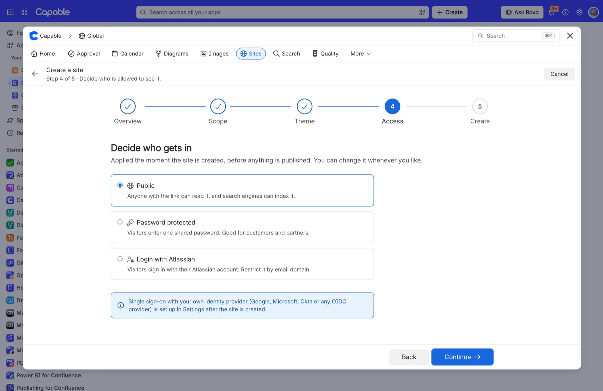 Create a site wizard at step 4, Access, with Public selected and a note about single sign on below the options
