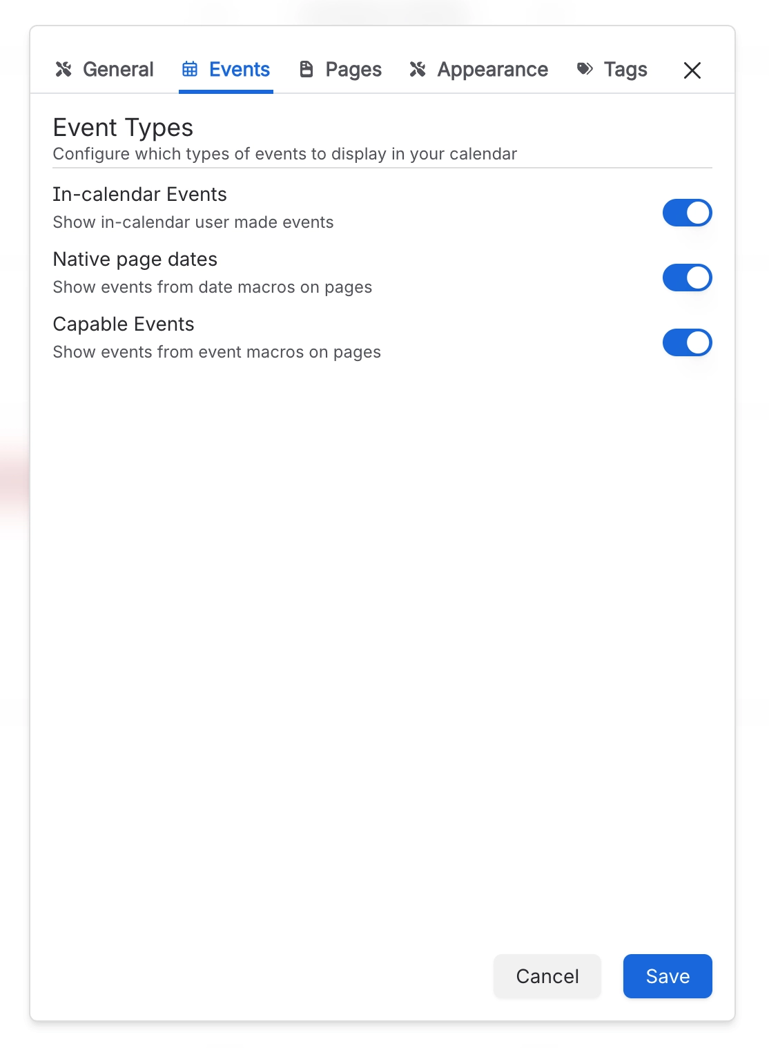 Calendar settings dialog on the Events tab with toggles for In calendar Events, Native page dates and Capable Events