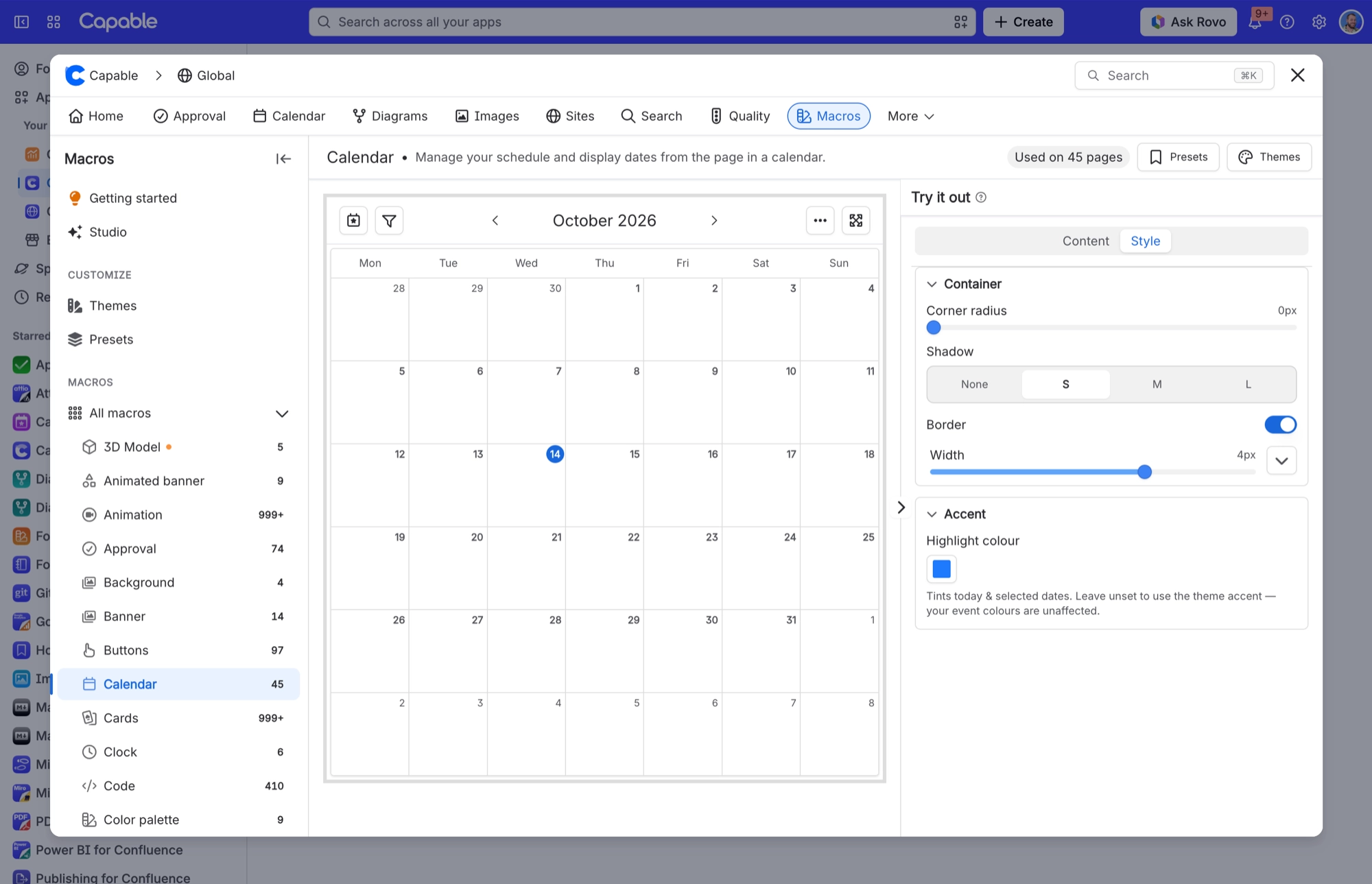 Calendar macro settings on the Style tab, with corner radius, shadow, border and highlight colour controls beside the calendar
