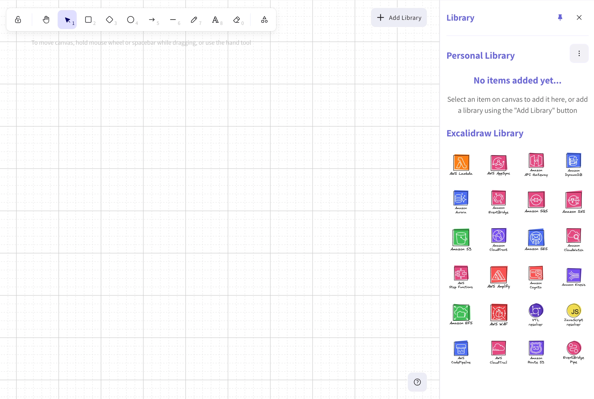 The Excalidraw canvas with an Add Library button above it and the Library panel open, showing an empty personal library above a grid of AWS service icons.