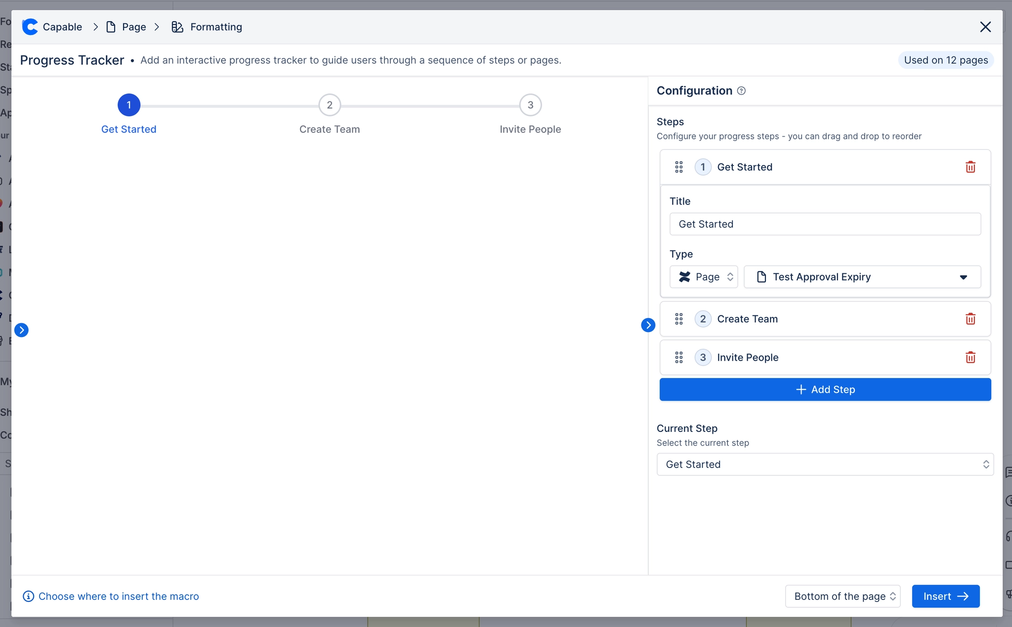The Progress tracker configuration panel showing three steps named Get Started, Create Team and Invite People, the first expanded with a title field and a page link, an add step button, and a current