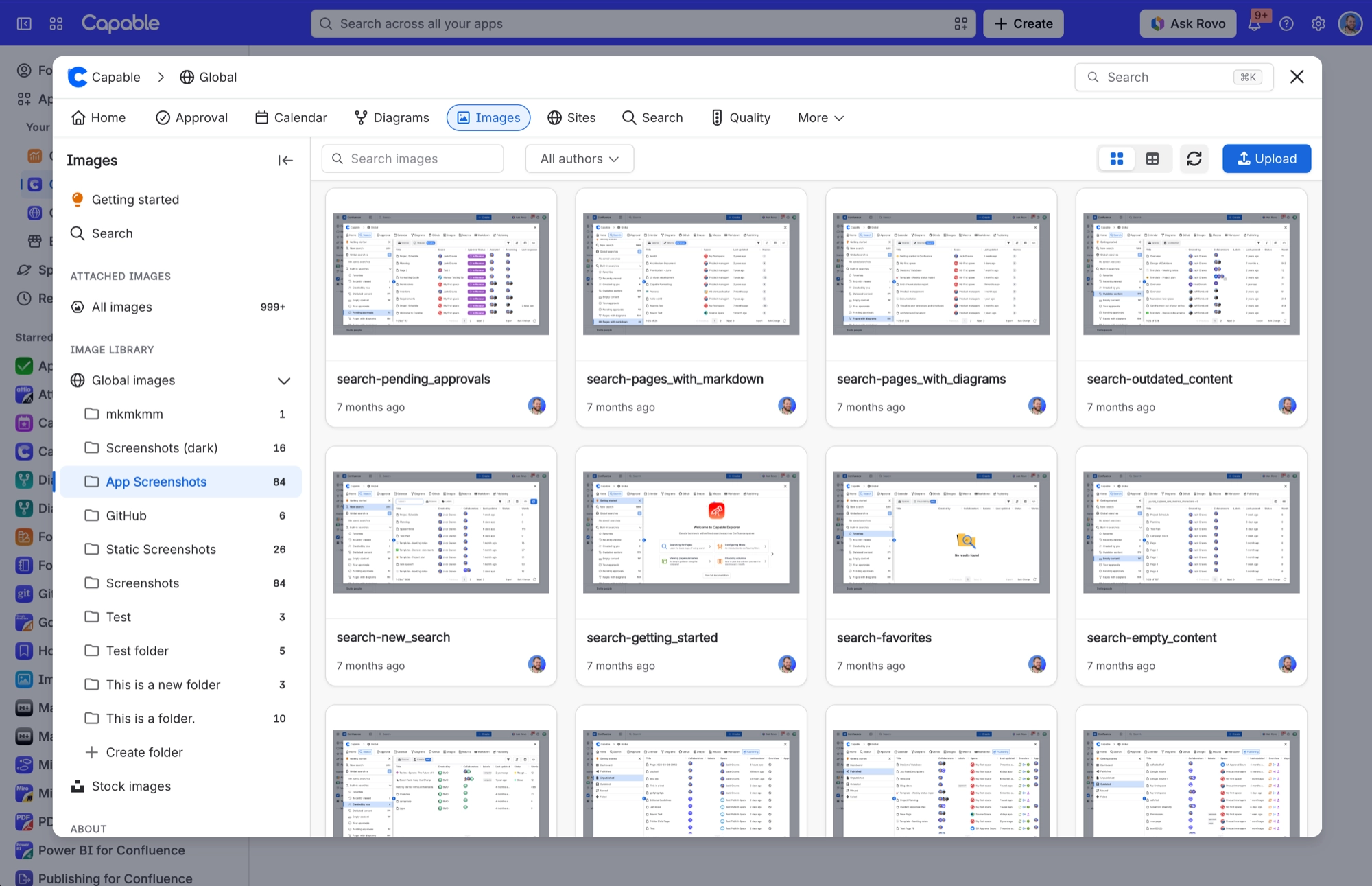 App Screenshots folder in the image library shown as a grid of thumbnails, with the folder list and Create folder in the sidebar