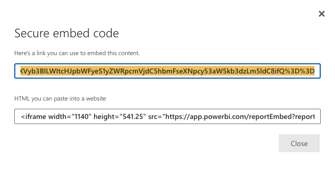 Power BI Secure embed code dialog with a highlighted link field at the top and, below it, an HTML iframe snippet pointing at app.powerbi.com slash reportEmbed.