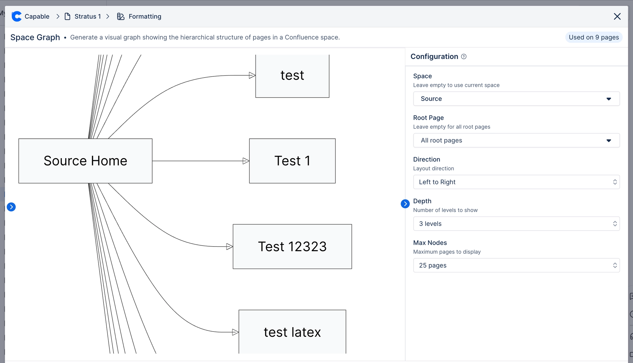 The Space Graph configuration dialog showing pages fanning out from Source Home, with space, root page, direction, depth and max node fields on the right.