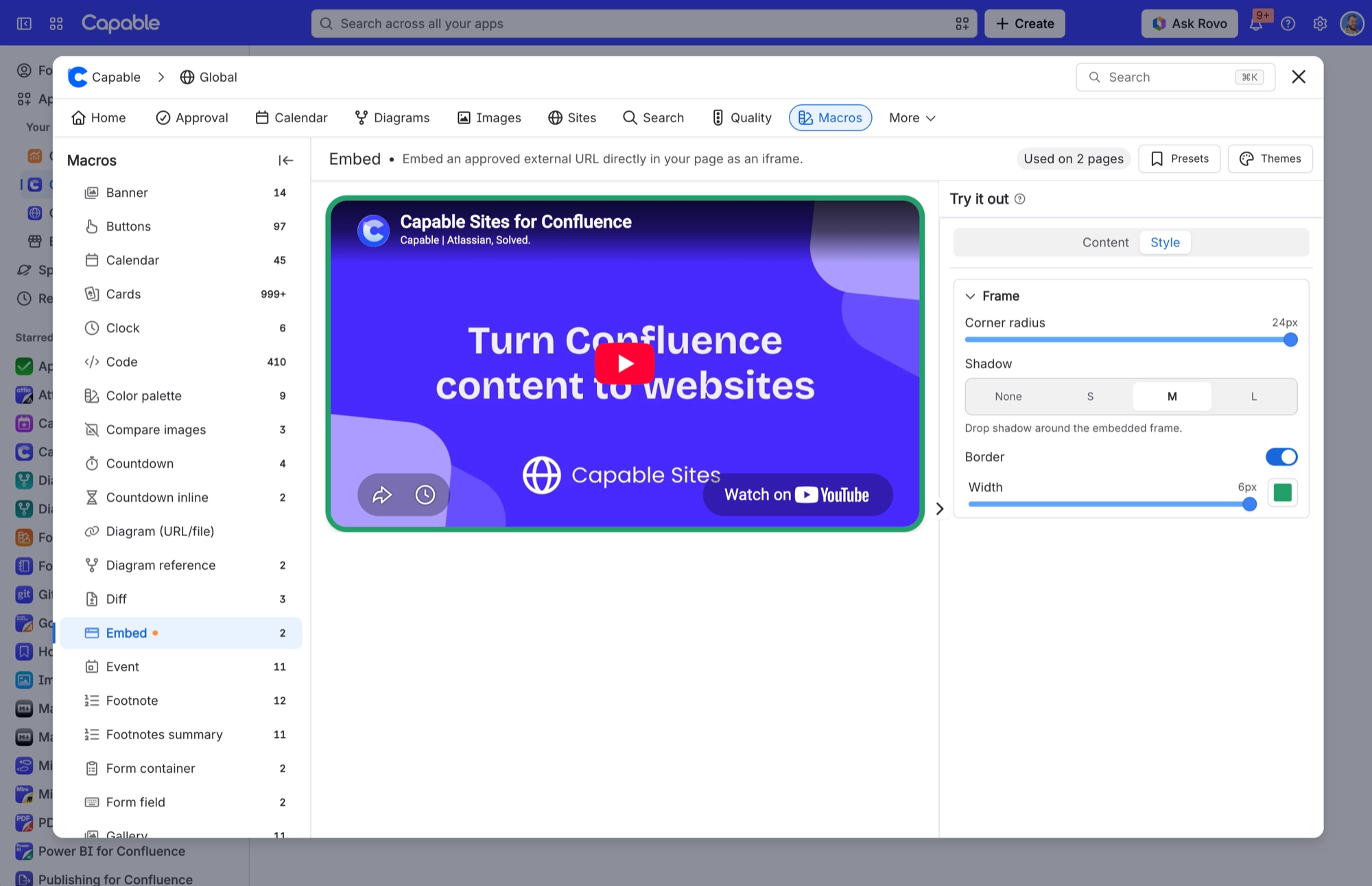 Embed macro Style tab with a 24 px corner radius, a medium shadow and a green 6 px border around the embedded video