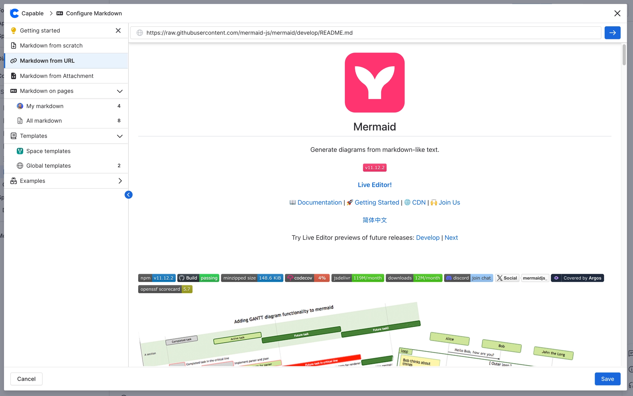 The Configure Markdown dialog on Markdown from URL, with a raw.githubusercontent.com readme address in the field and the fetched document previewed below it, showing the Mermaid logo, description, sta