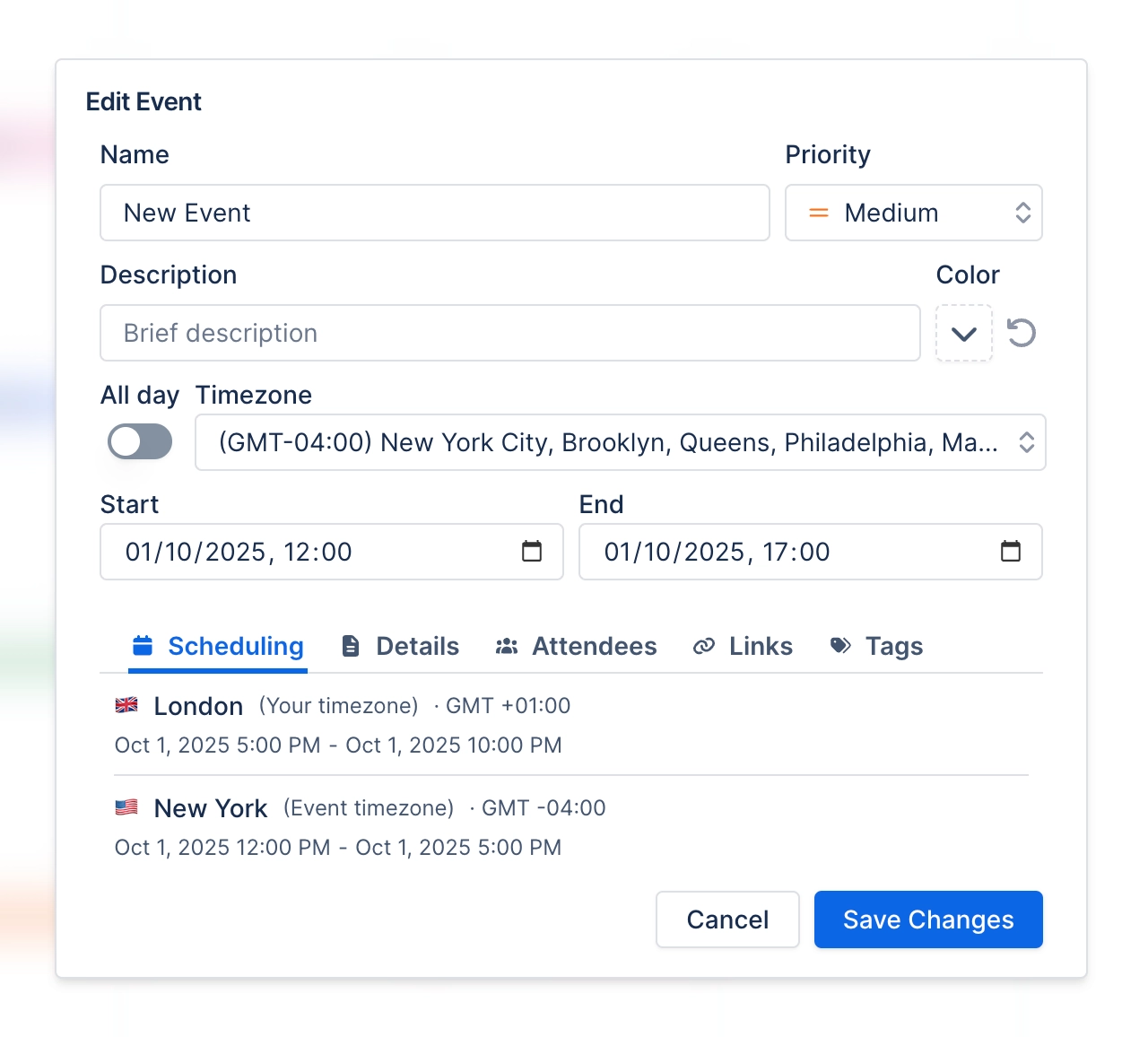Edit Event dialog with name, priority, description, colour, all-day toggle, timezone and start and end fields, above a scheduling tab comparing London and New York times.