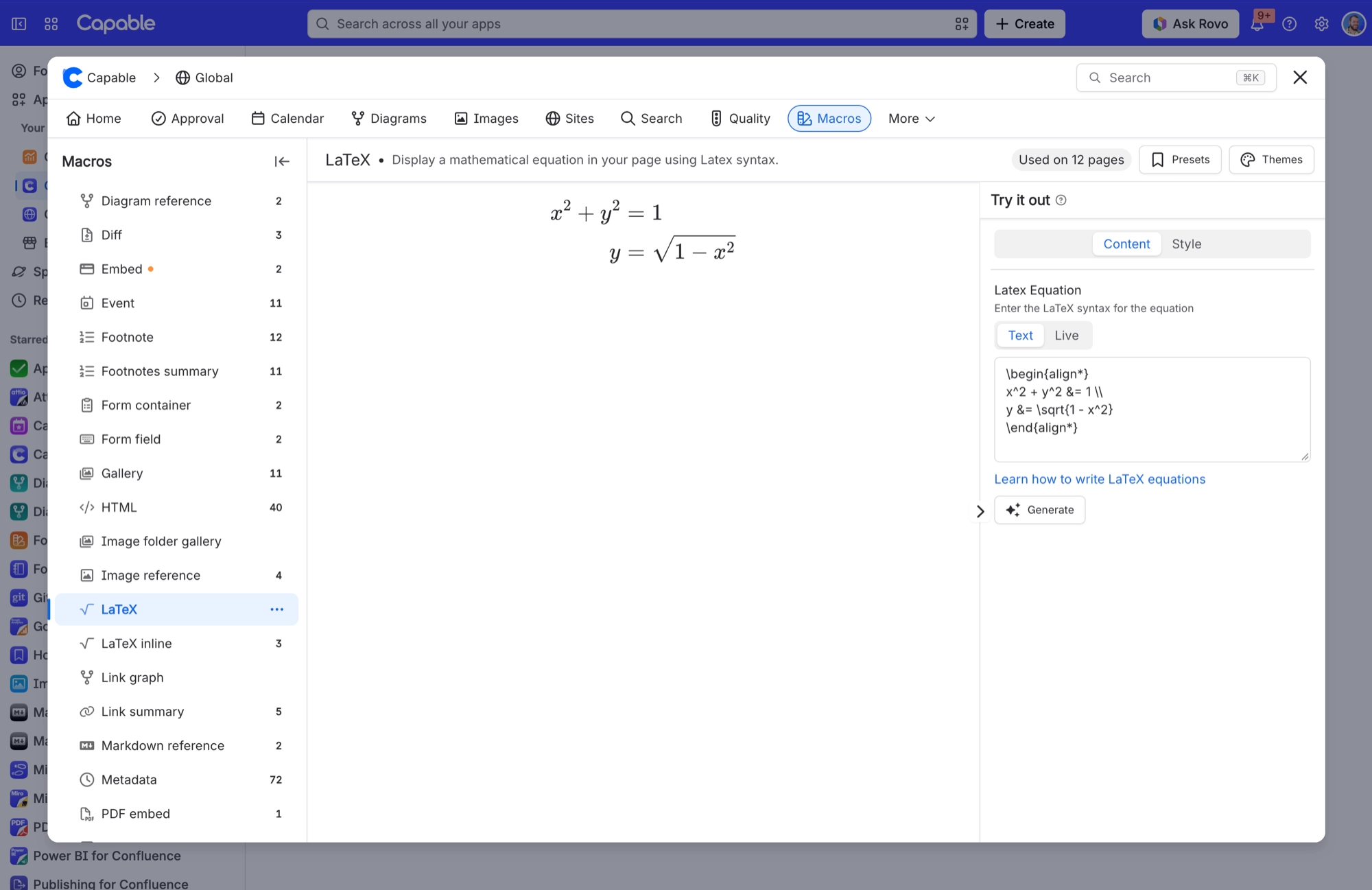 LaTeX macro with the Text editor open, showing align environment source and the two rendered equations in the preview