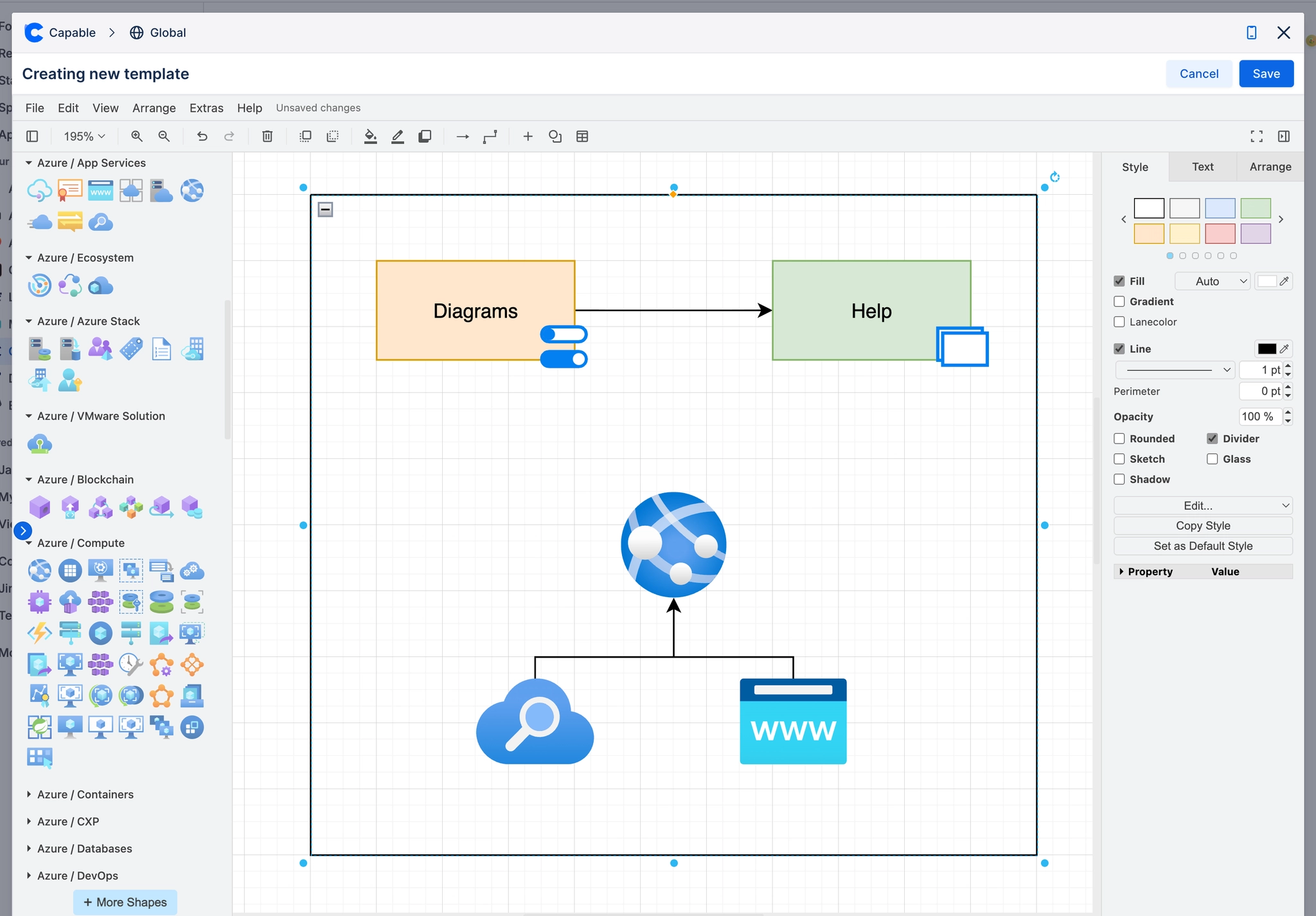 The Capable diagram editor creating a new template, with Azure shape categories listed on the left, a diagram of boxes and cloud icons on the canvas, and Style, Text and Arrange tabs on the right.