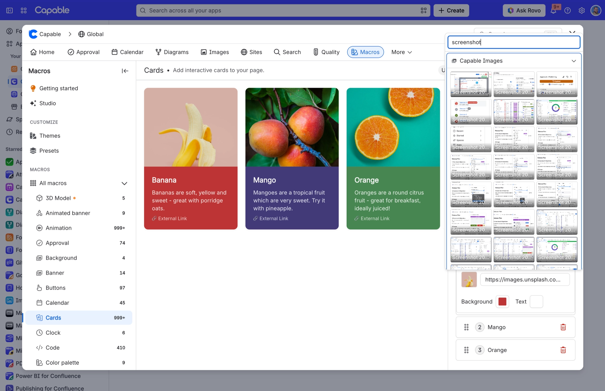 Cards macro with the image picker open on the right, showing Capable Images with a search box and a grid of thumbnails