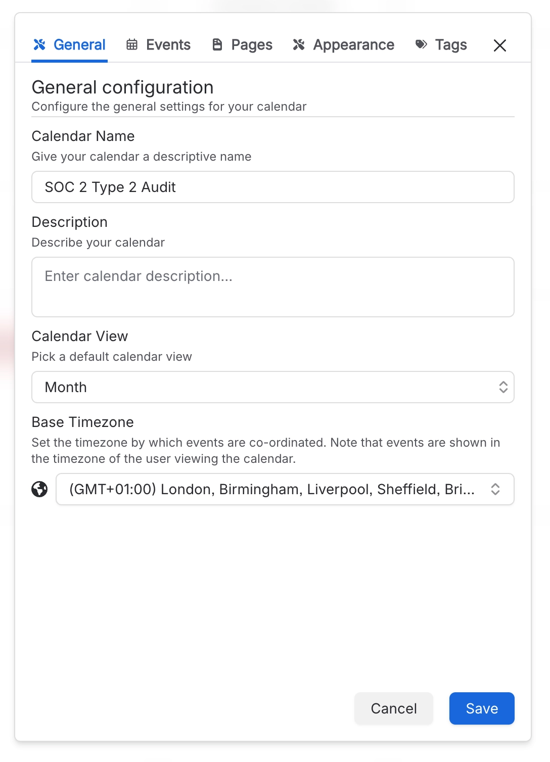 Calendar settings General tab with the Base Timezone field set to London, below the calendar name, description and default view