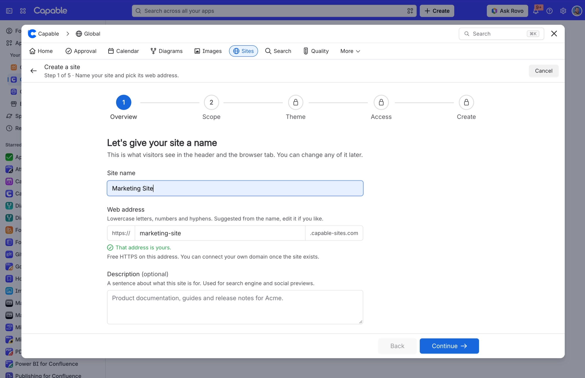 Create a site wizard on step 1 of 5, with Marketing Site as the name and marketing site chosen as the web address