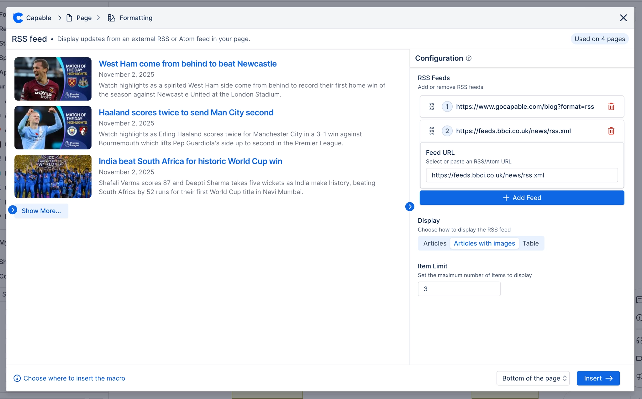 The RSS feed configuration panel listing two feed addresses with an add feed button, a display toggle set to articles with images, and an item limit of three, with three sports stories previewed to th