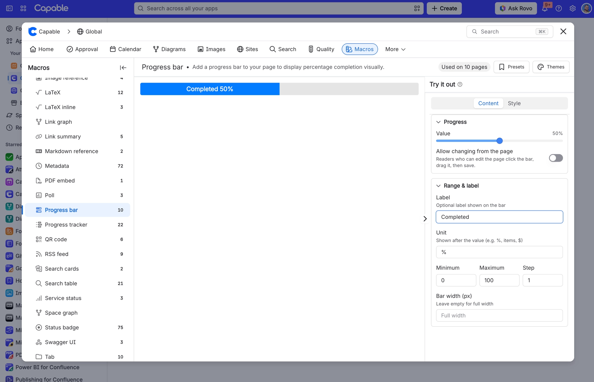 Progress bar in the Capable Macros tab, a bar reading Completed 50 percent, and Content settings for value, label, unit, range and width