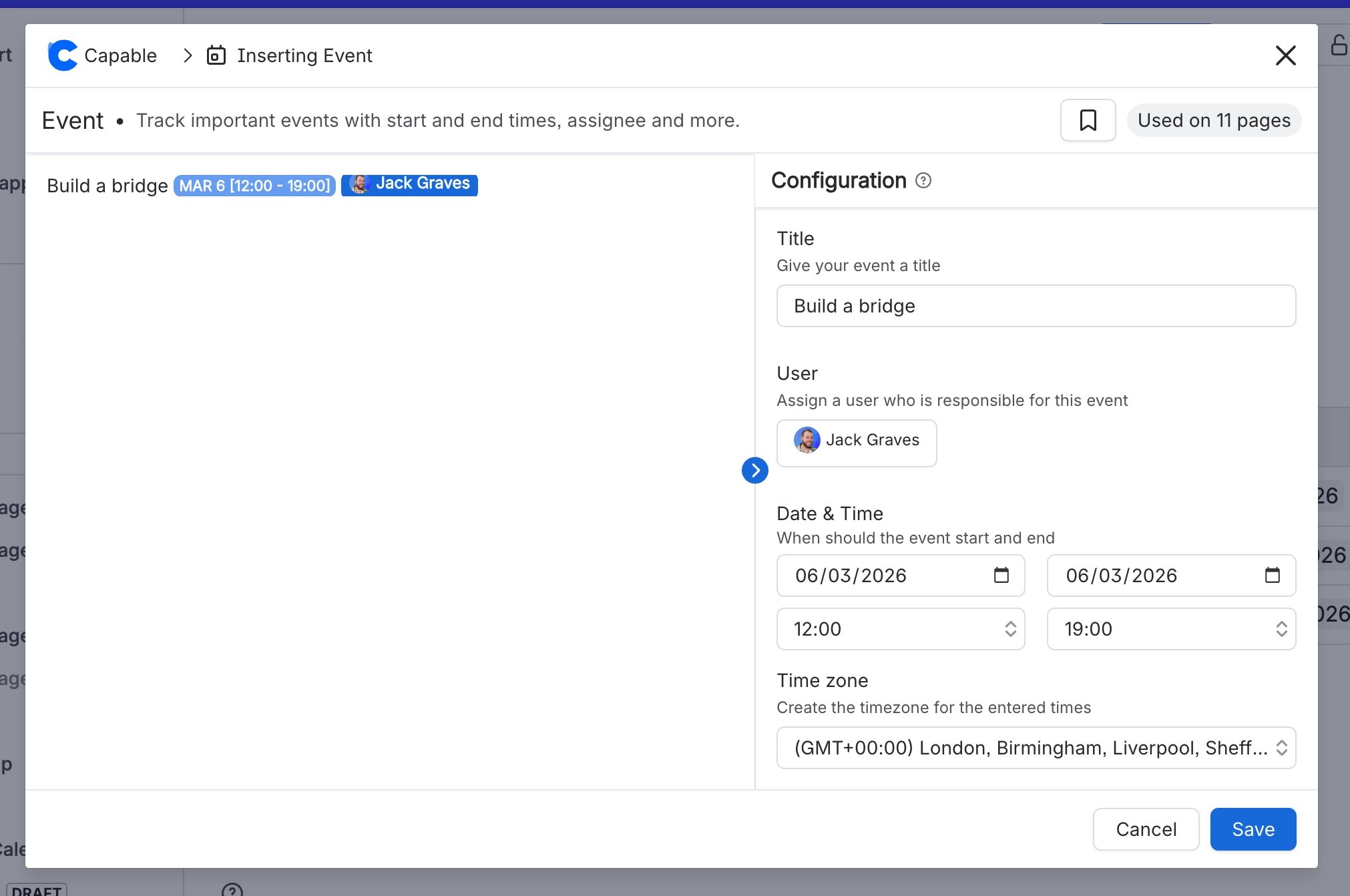 The Event macro configuration dialog showing a preview pill reading Build a bridge with a date, a time range and an assignee, beside fields for title, user, date and time and time zone.