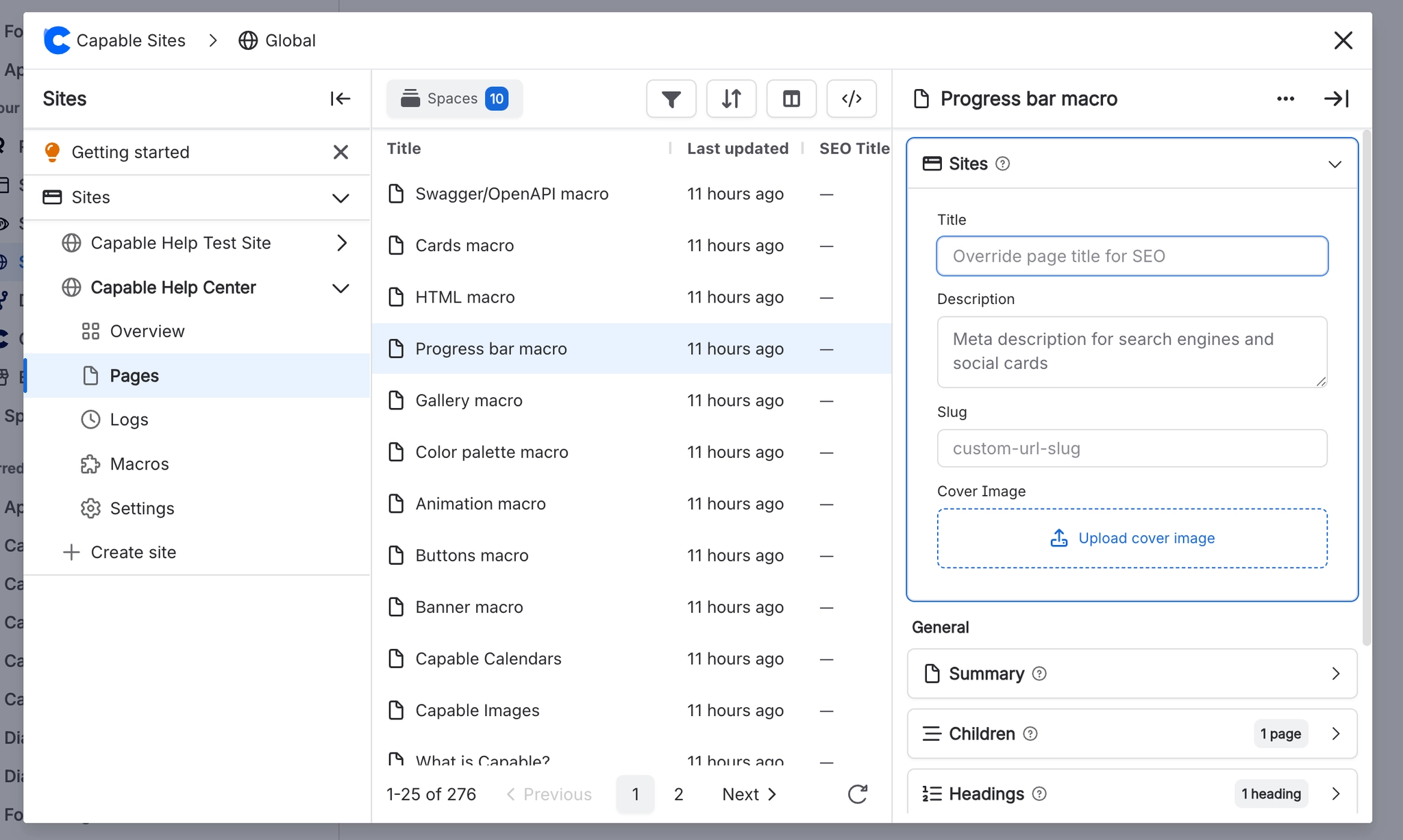 The Pages list with one page selected and a side panel offering SEO title, description, slug and cover image fields.