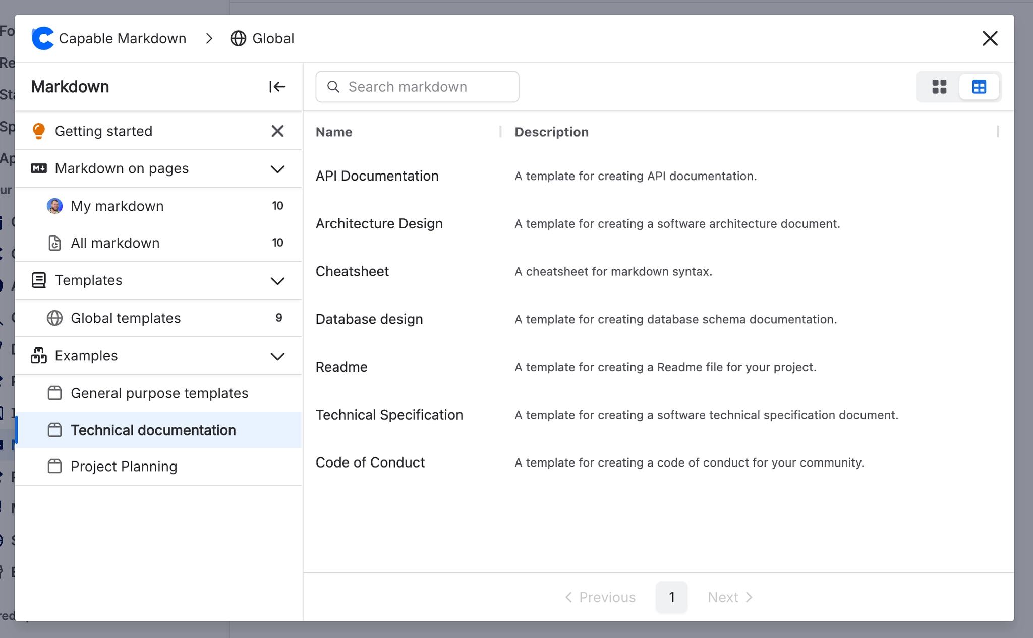 The Capable Markdown catalogue with Examples expanded in the left nav into General purpose templates, Technical documentation and Project Planning. The Technical documentation folder lists API Documen