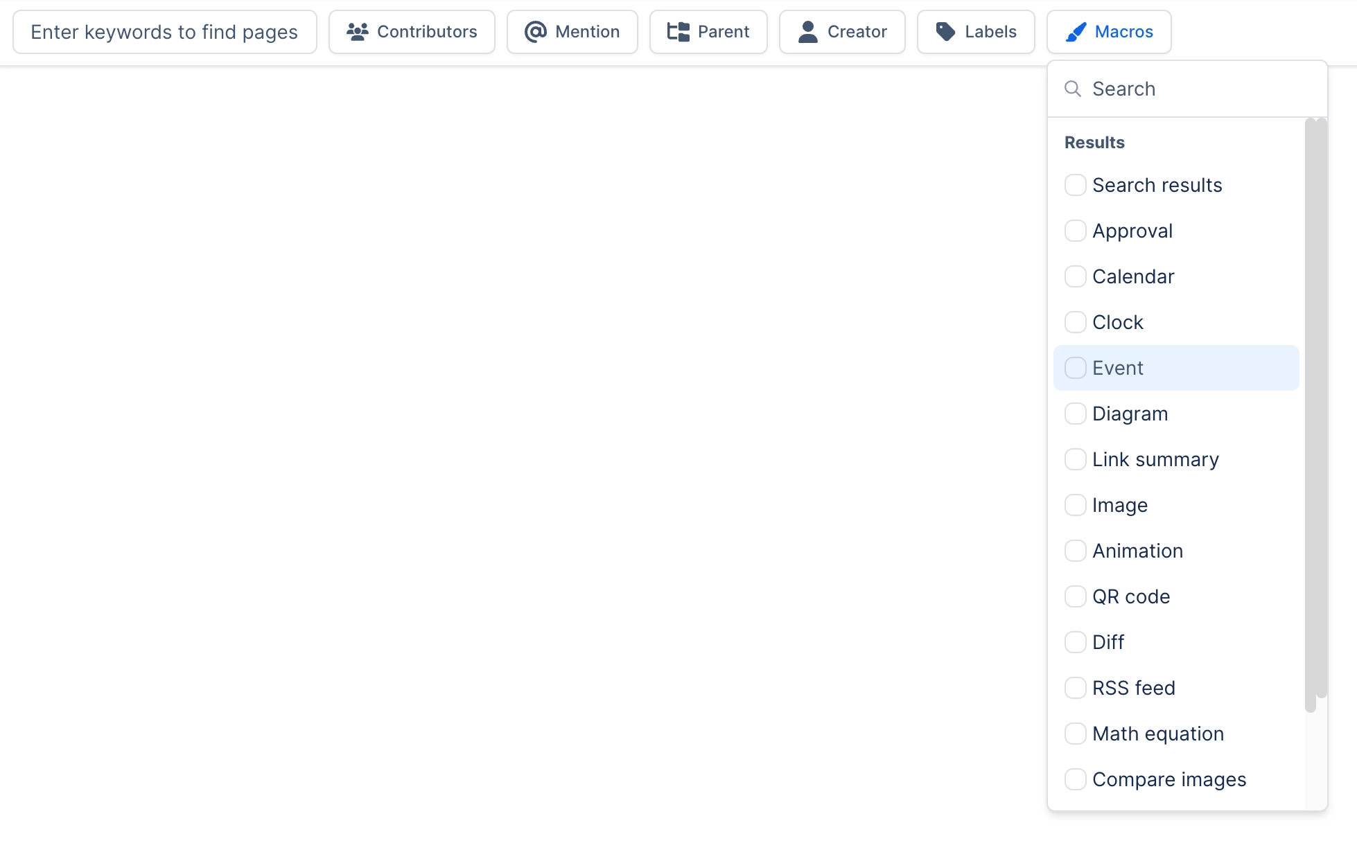 A filter bar with a keyword box and chips for Contributors, Mention, Parent, Creator, Labels and Macros; the Macros chip is open, listing macro names including Search results, Approval, Calendar, Cloc