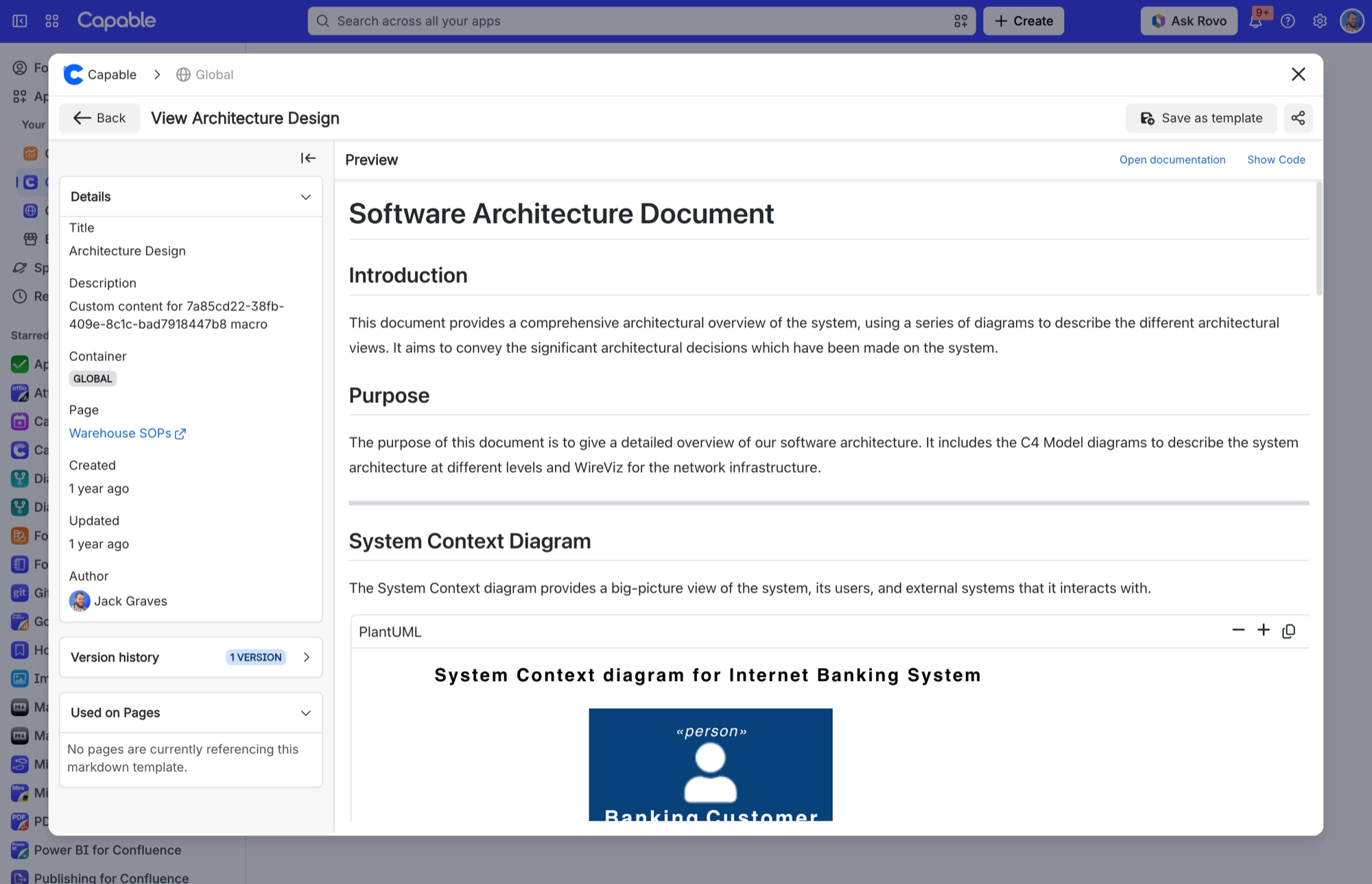 Markdown template view with the Used on Pages section open in the details panel, beside a preview of the template