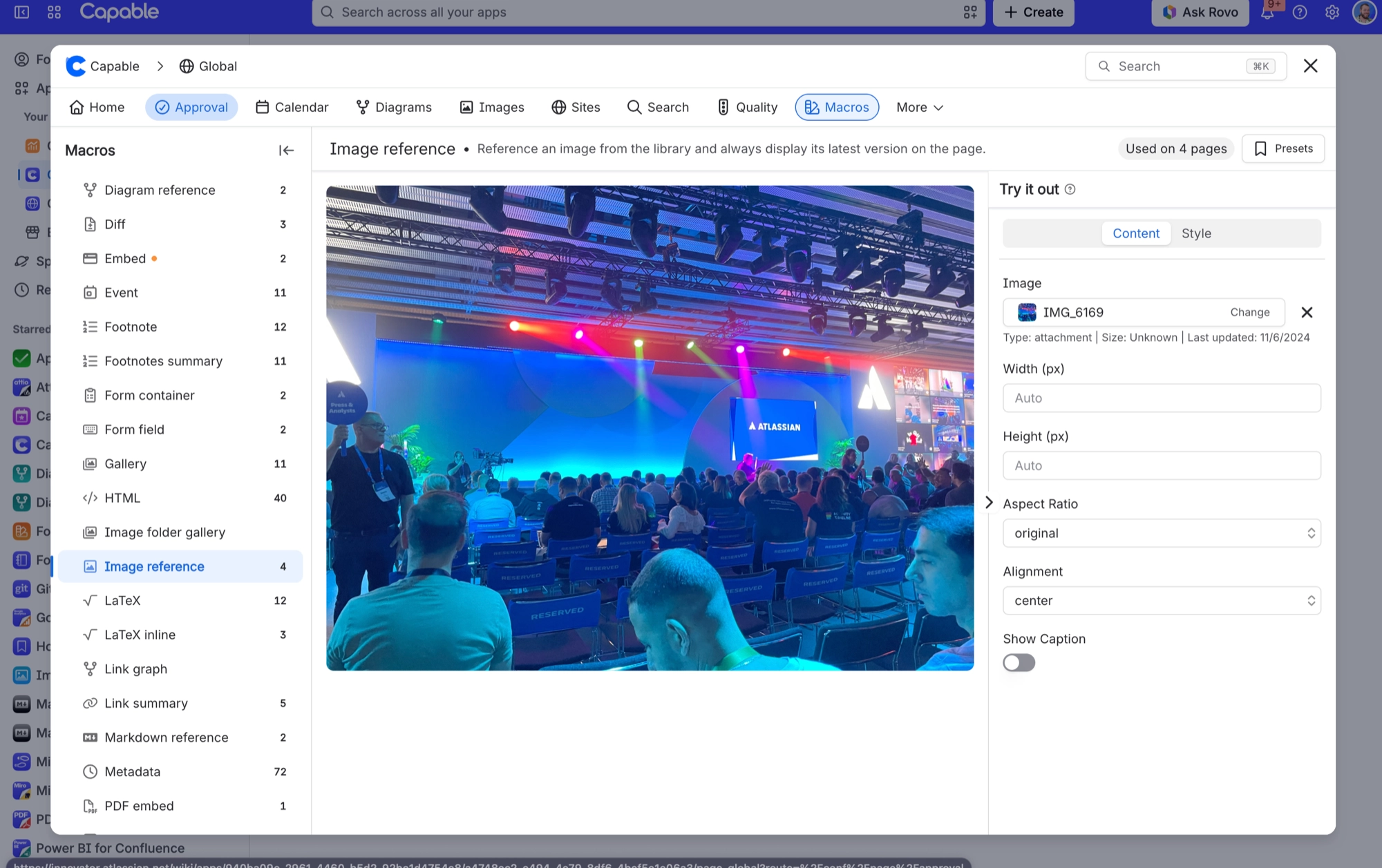 Image reference macro content settings showing image, width, height, aspect ratio, alignment and caption options